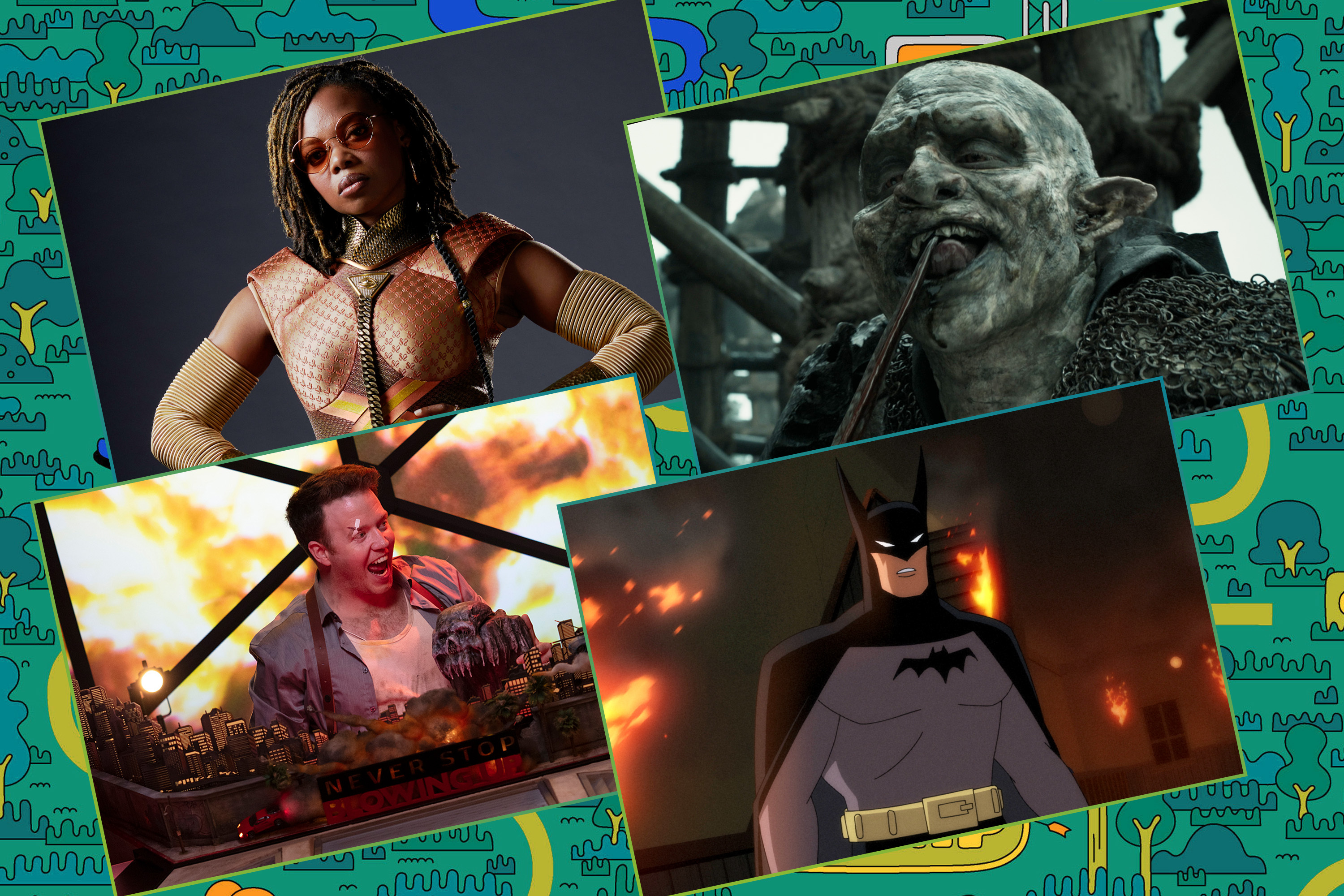 A collage of images from TV coming out this summer, including a Tolkien orc, Batman, and Brennan Lee Mulligan.