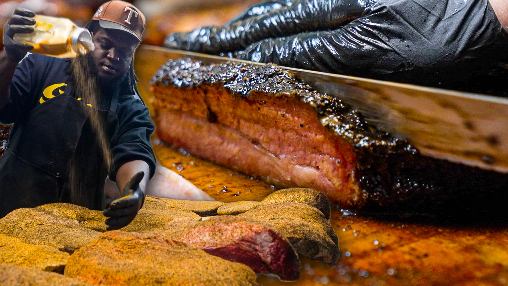 Close-up of a knife slicing through tender brisket; a man superimposed on the left pours seasoning on a cut of meat.