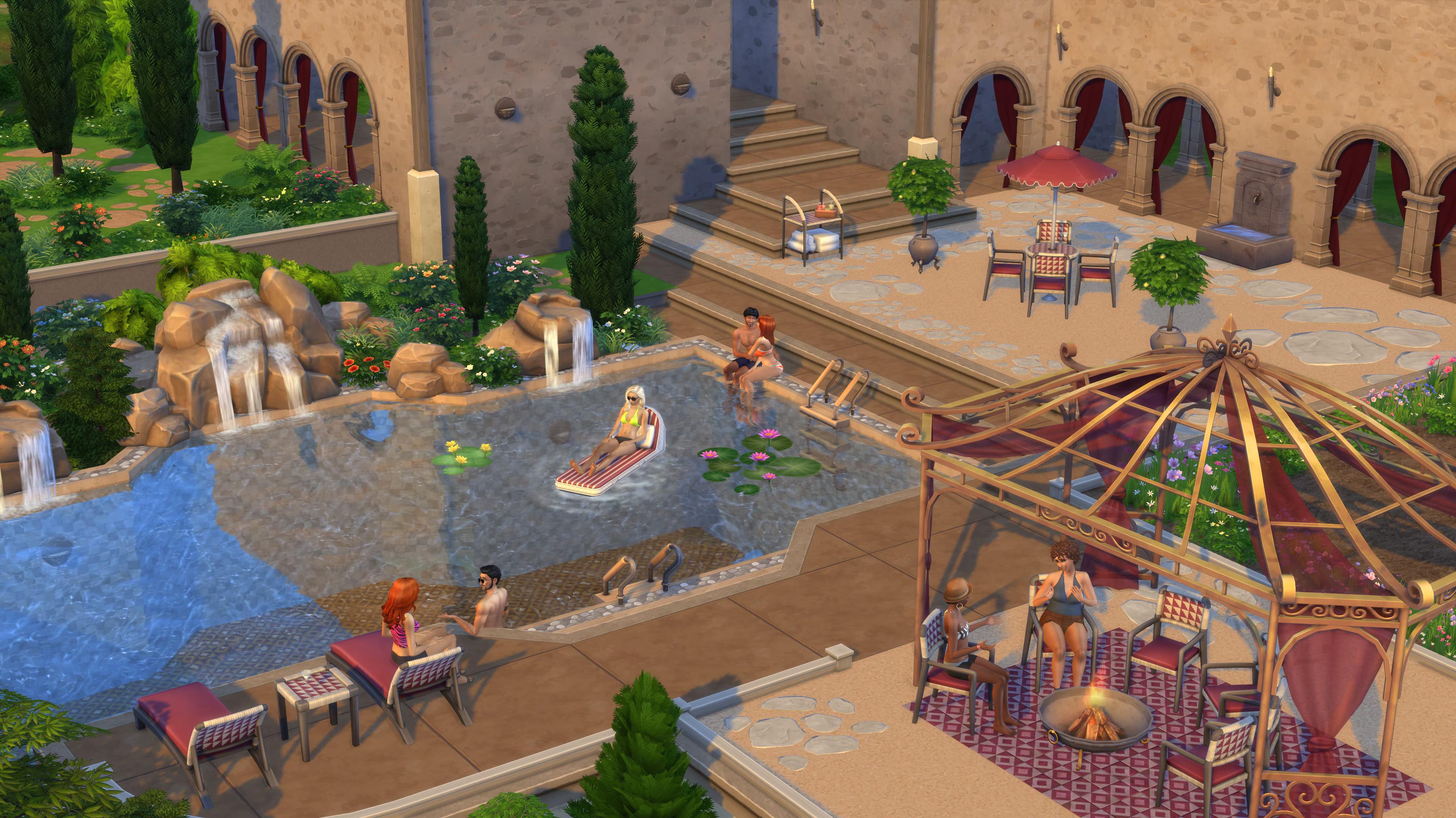 An assortment of beautiful poolside props in The Sims 4, available in the upcoming Rivieria Retreat cosmetics kit with new furniture and ssets.