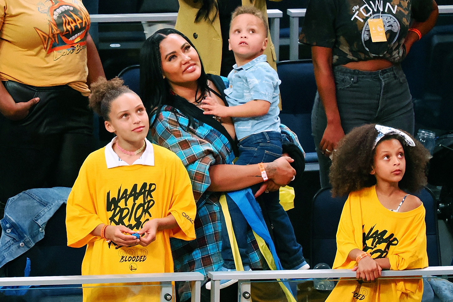 Ayesha Curry with her children after winning game five of the 2022 western conference finals against the Dallas Mavericks at Chase Center.