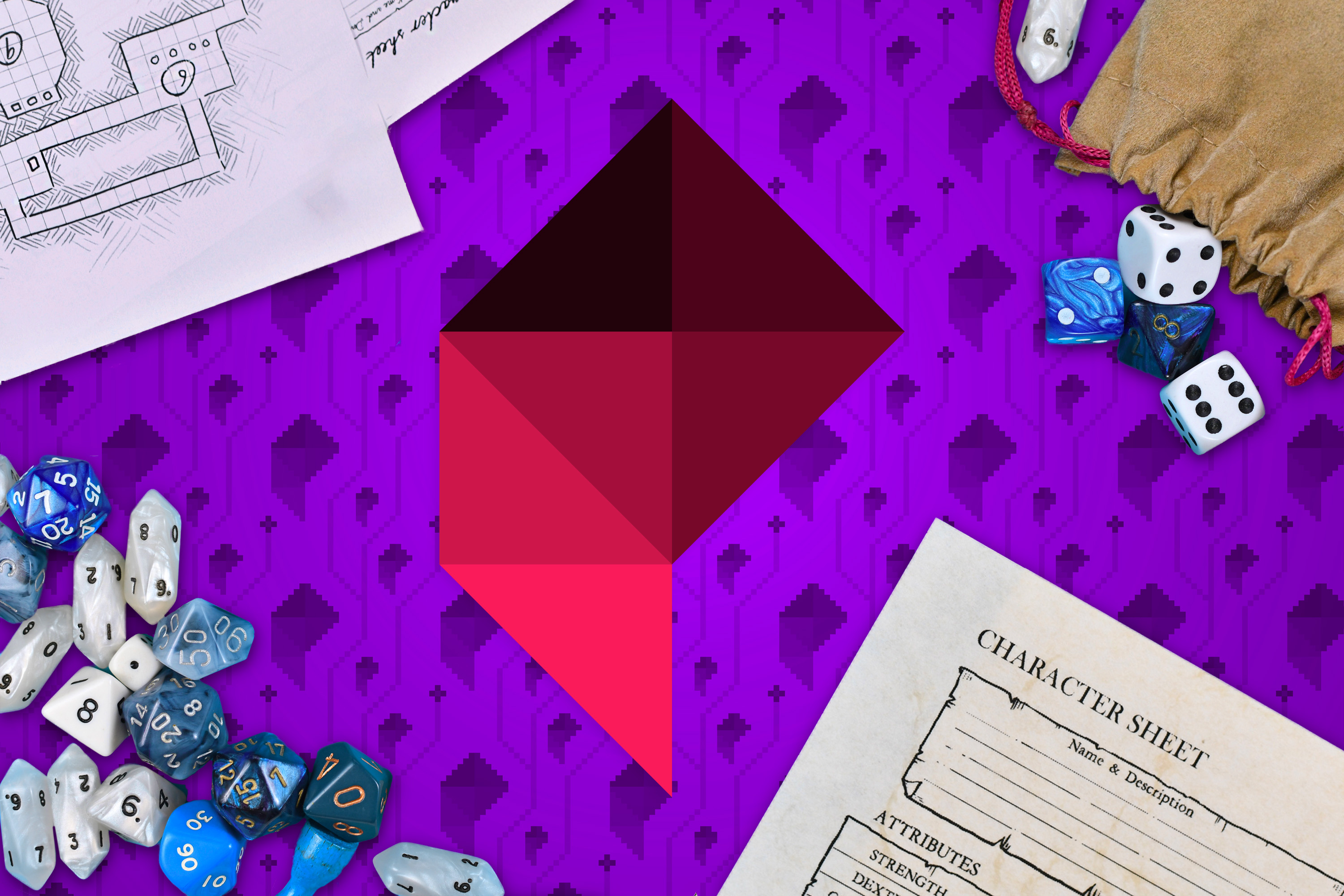 The Polygon logo against a purple background, surrounded by playing dice and character sheets.