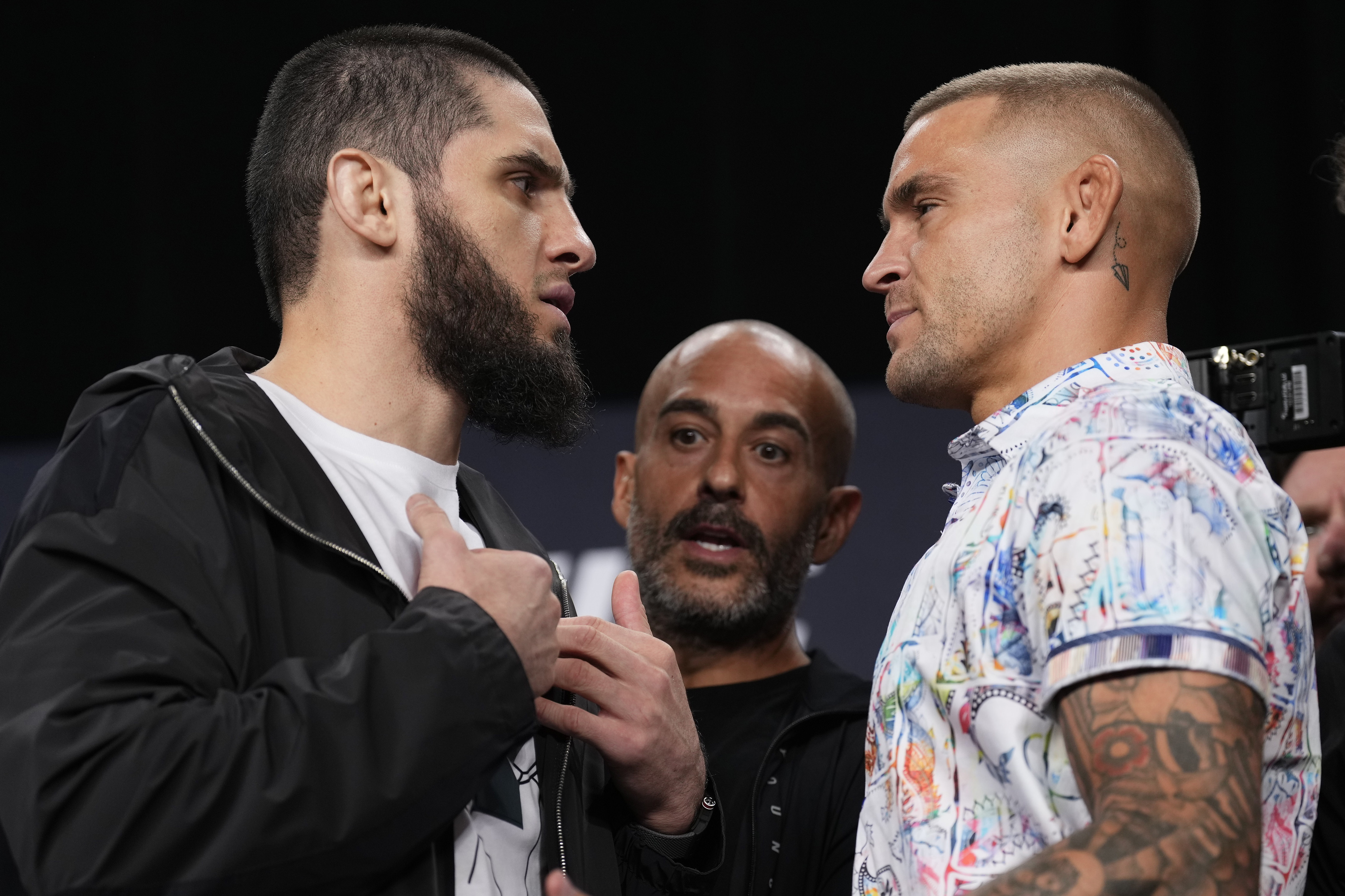 Islam Makhachev and Dustin Poirier face off ahead of UFC 302