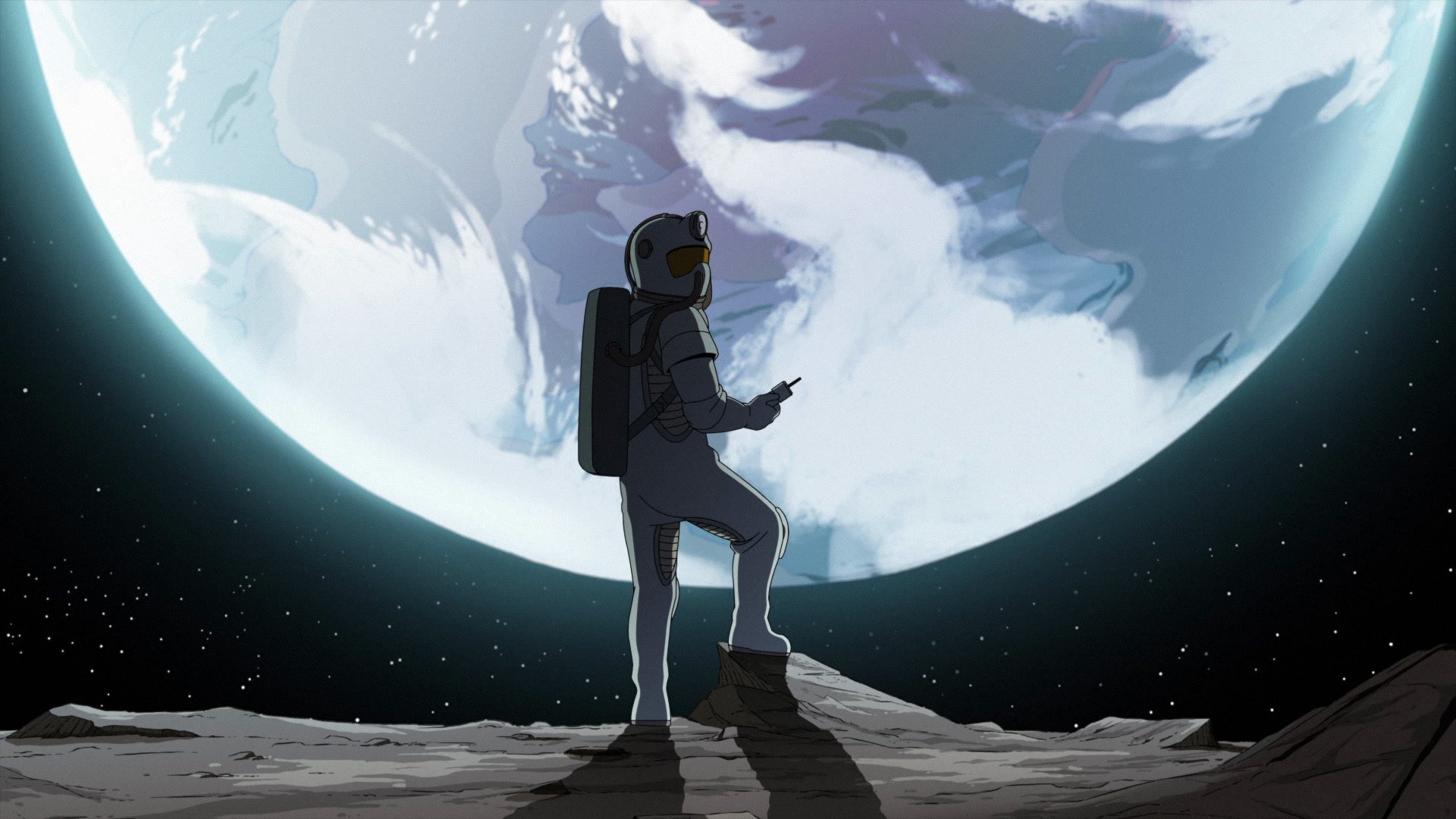 An astronaut stands on a moon with a planet looming in front of him in the animated series Scavengers Reign