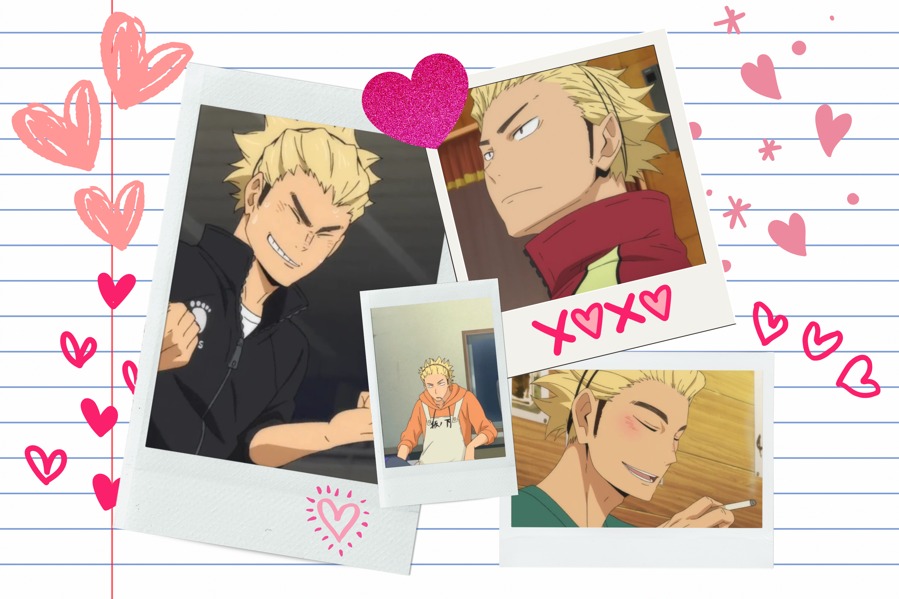 A collection of polaroids featuring Coach Ukai, an animated man with long dirty blonde hair pulled back, framed by little hearts
