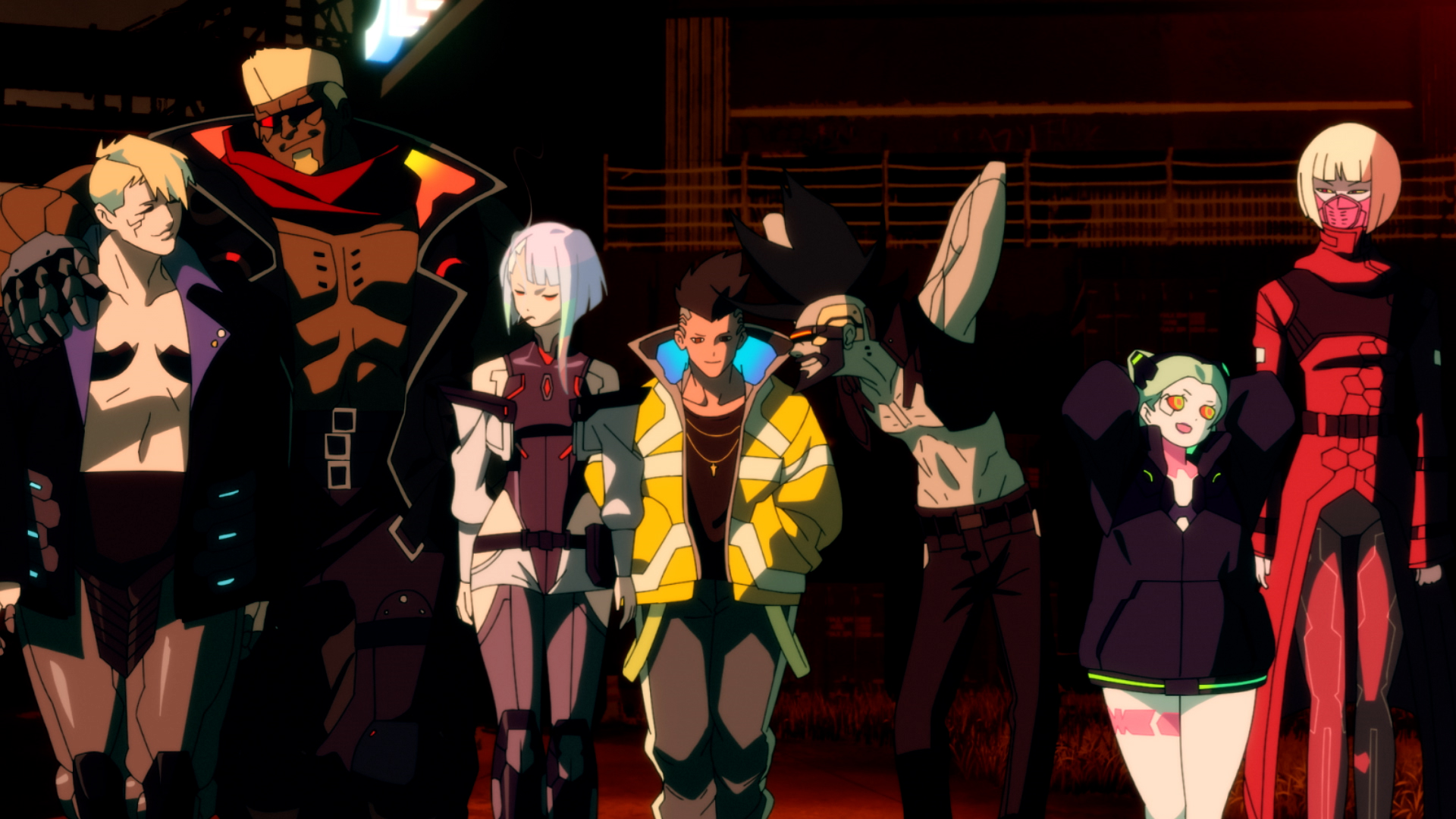 A group of seven cyberpunk mercenaries walking beside one another in Cyberpunk: Edgerunners