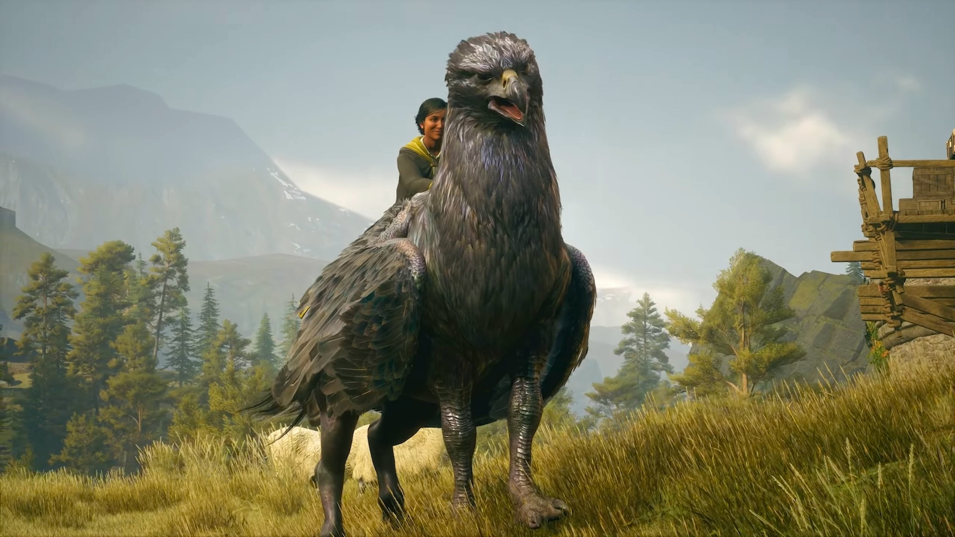 A young student rides on the back of an onyx Hippogriff in a screenshot from Hogwarts Legacy