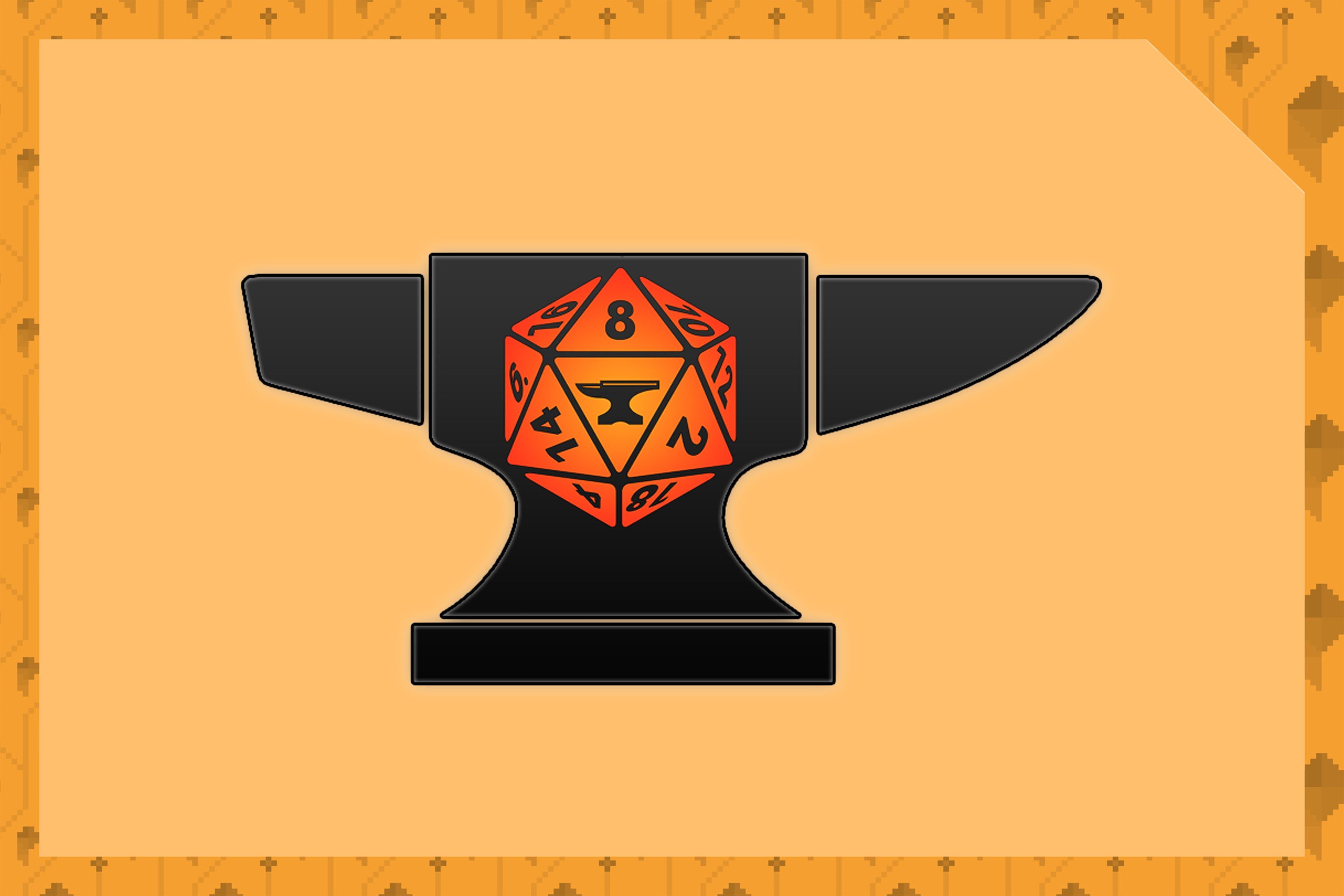 A graphic of an anvil with an orange D20 in the center, a smaller anvil in the middle of the D20. It is set on an orange background