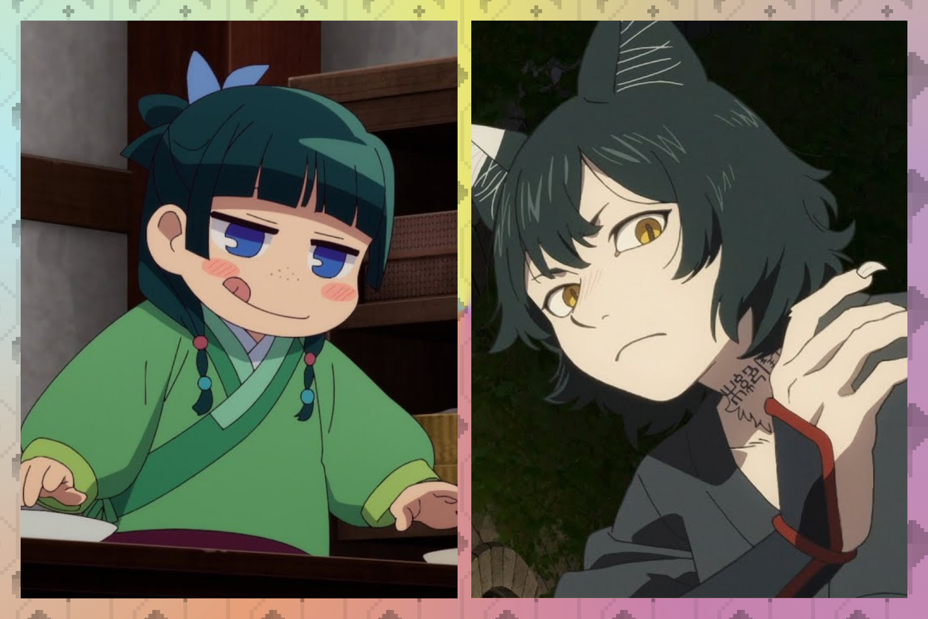 A graphic showing Mao Mao from The Apothecary Diaries and Izutsumi from Dungeon Meshi