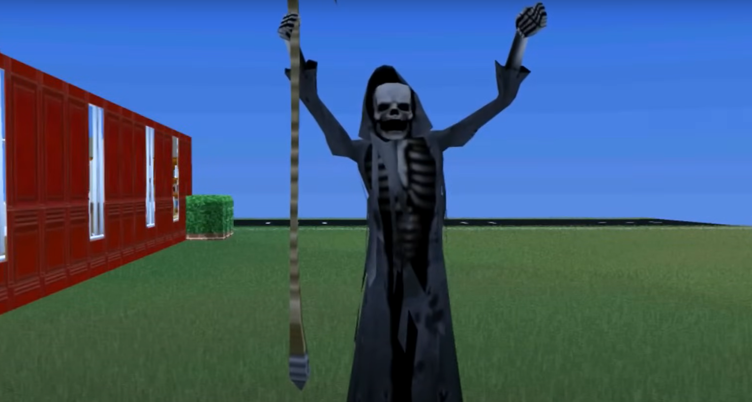 The Sims Grim Reaper with his arms up in the air, like he’s celebrating.