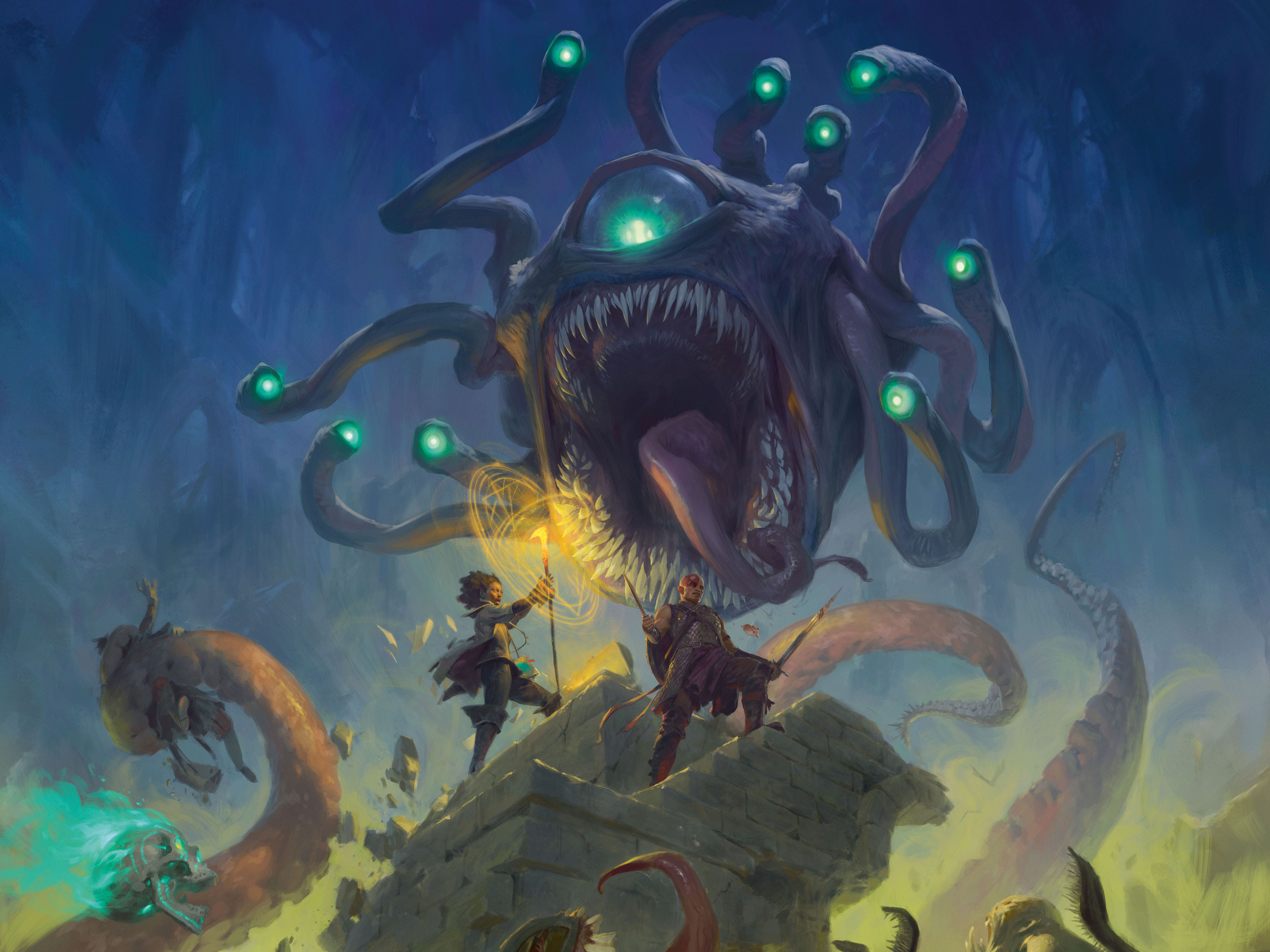 A close-up of Tyler Jacobson’s cover of the Monster Manual (2025) features a massive green-eyed beholder about to let loose on Minsc and Boo.