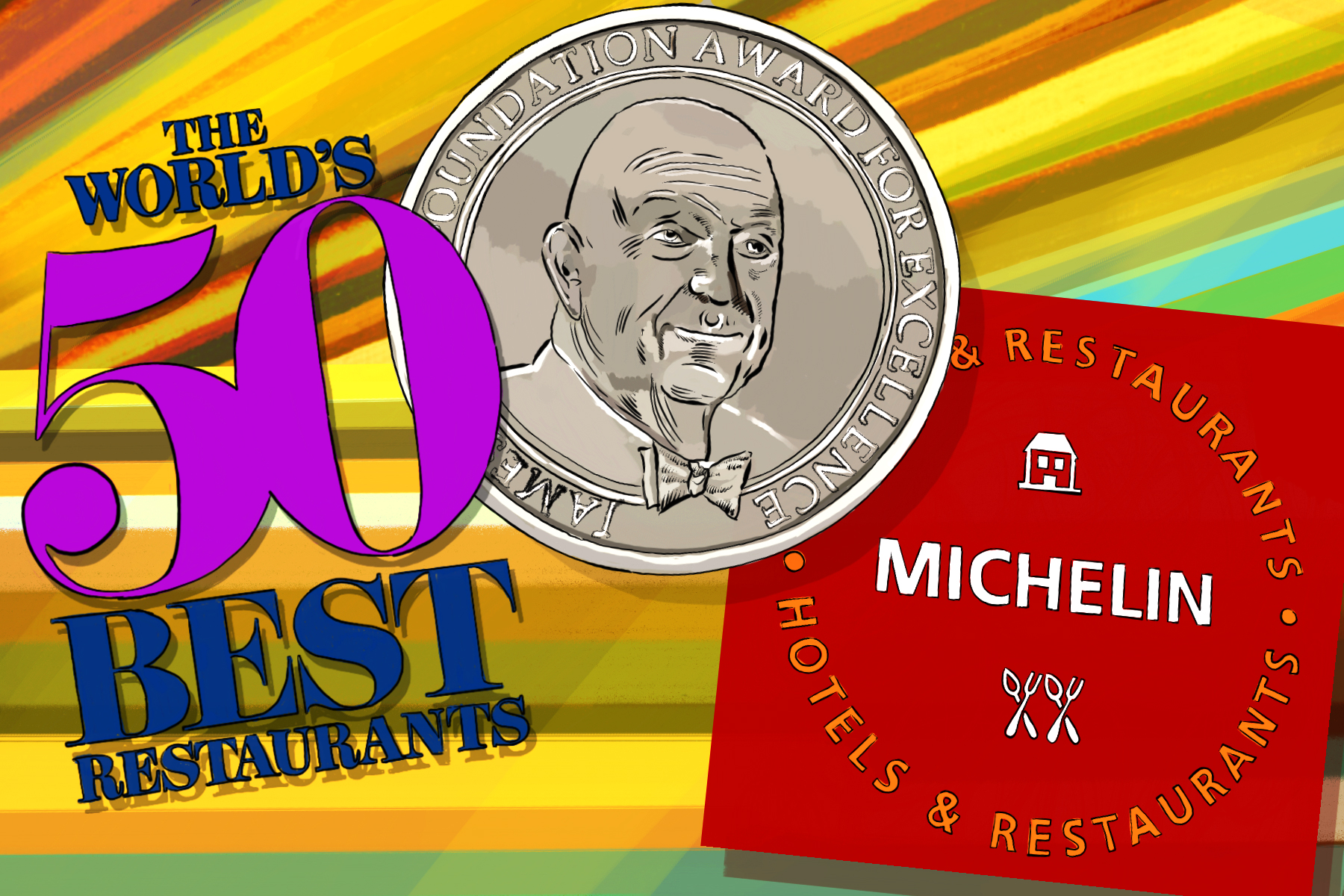 An illustration with the World’s 50 Best Logo, Michelin logo, and a James Beard Award medal