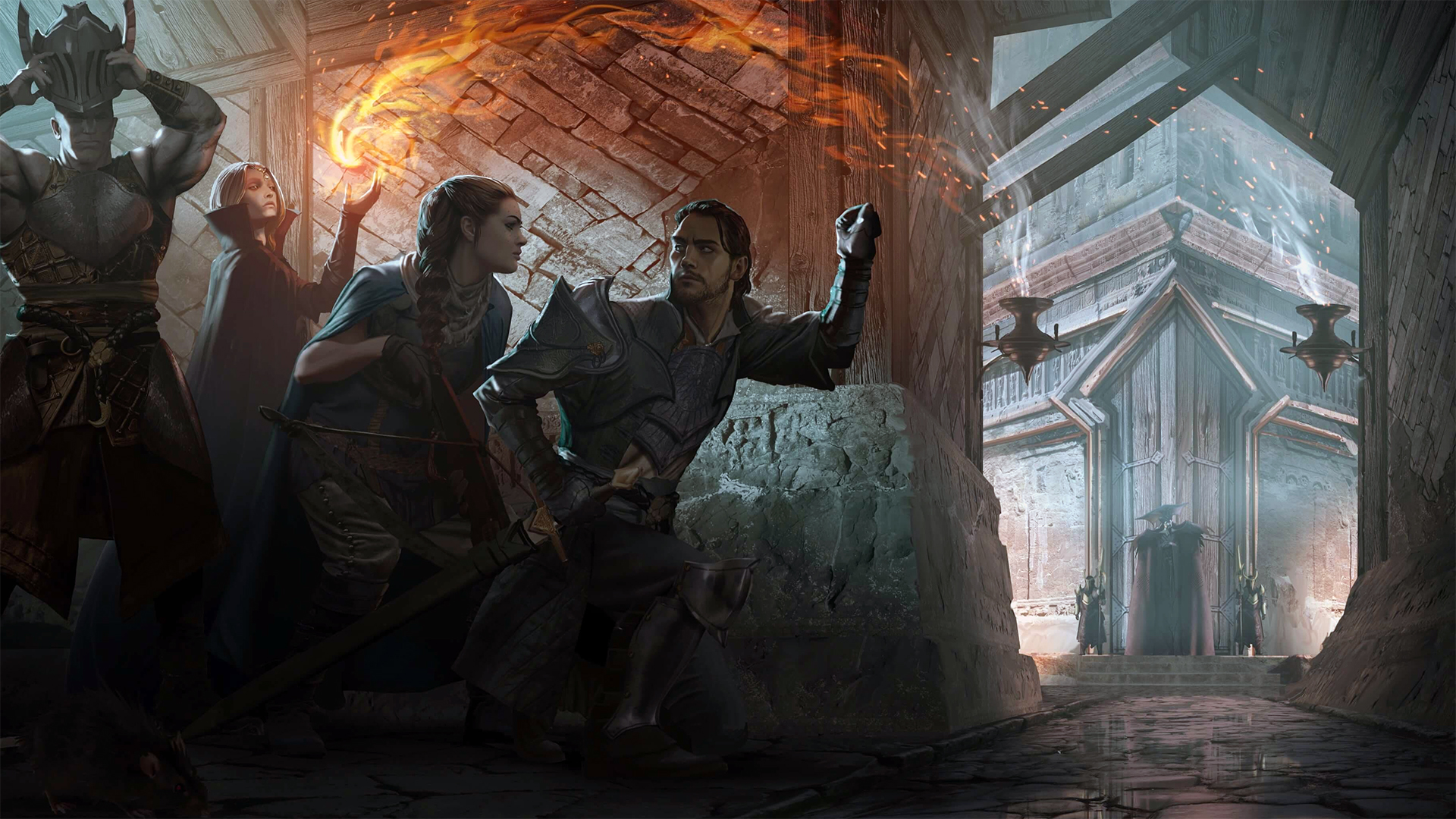 A group of adventurers creeps through a castle keep hallway as they prepare to confront a group of guards in artwork from Dragon Age: The Veilguard, previously known as Dragon Age: Dreadwolf