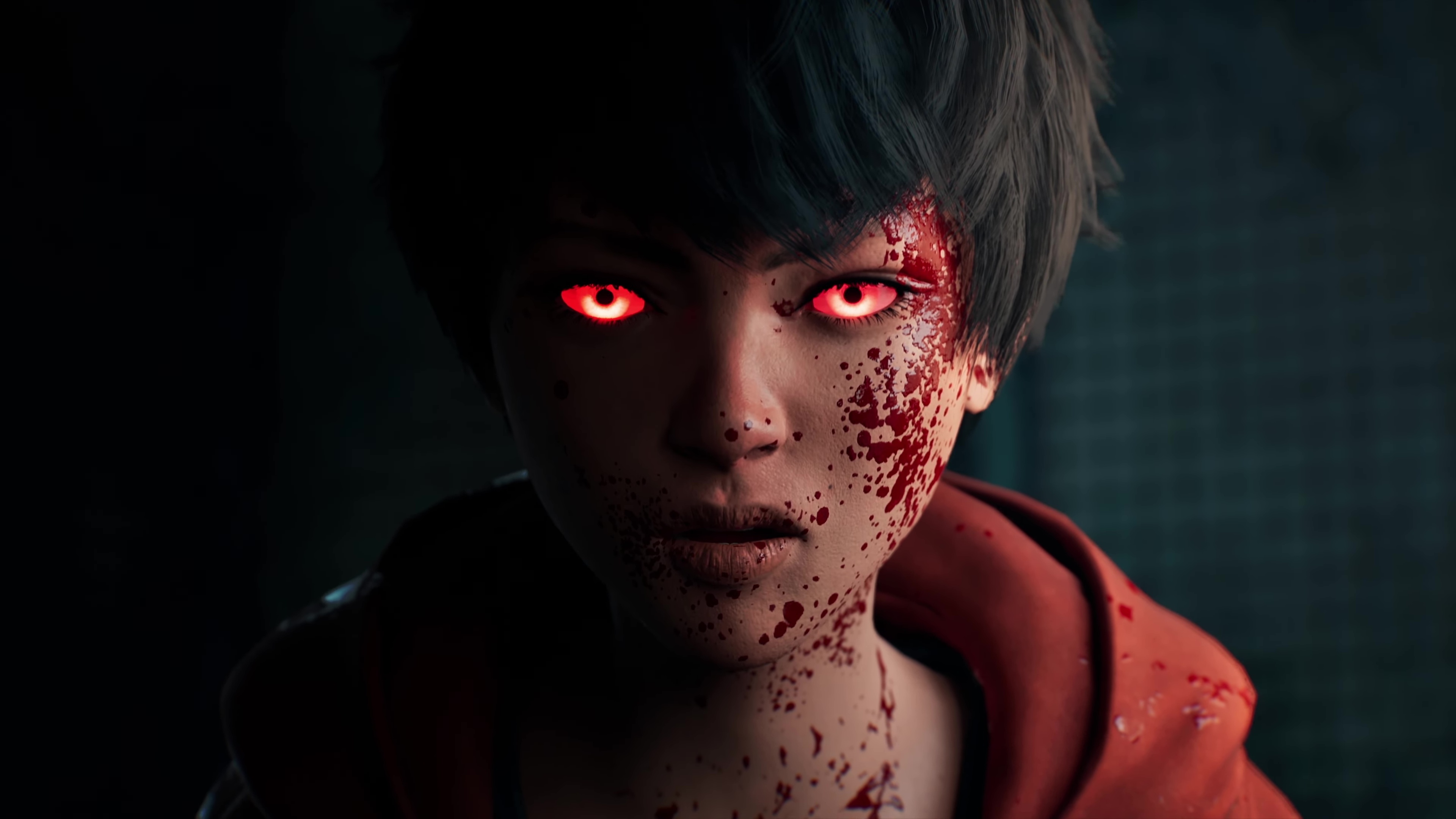 A young person with glowing red eyes, indicating their possession by a parasite, is covered with splatters of blood in a still from the trailer for Slitterhead