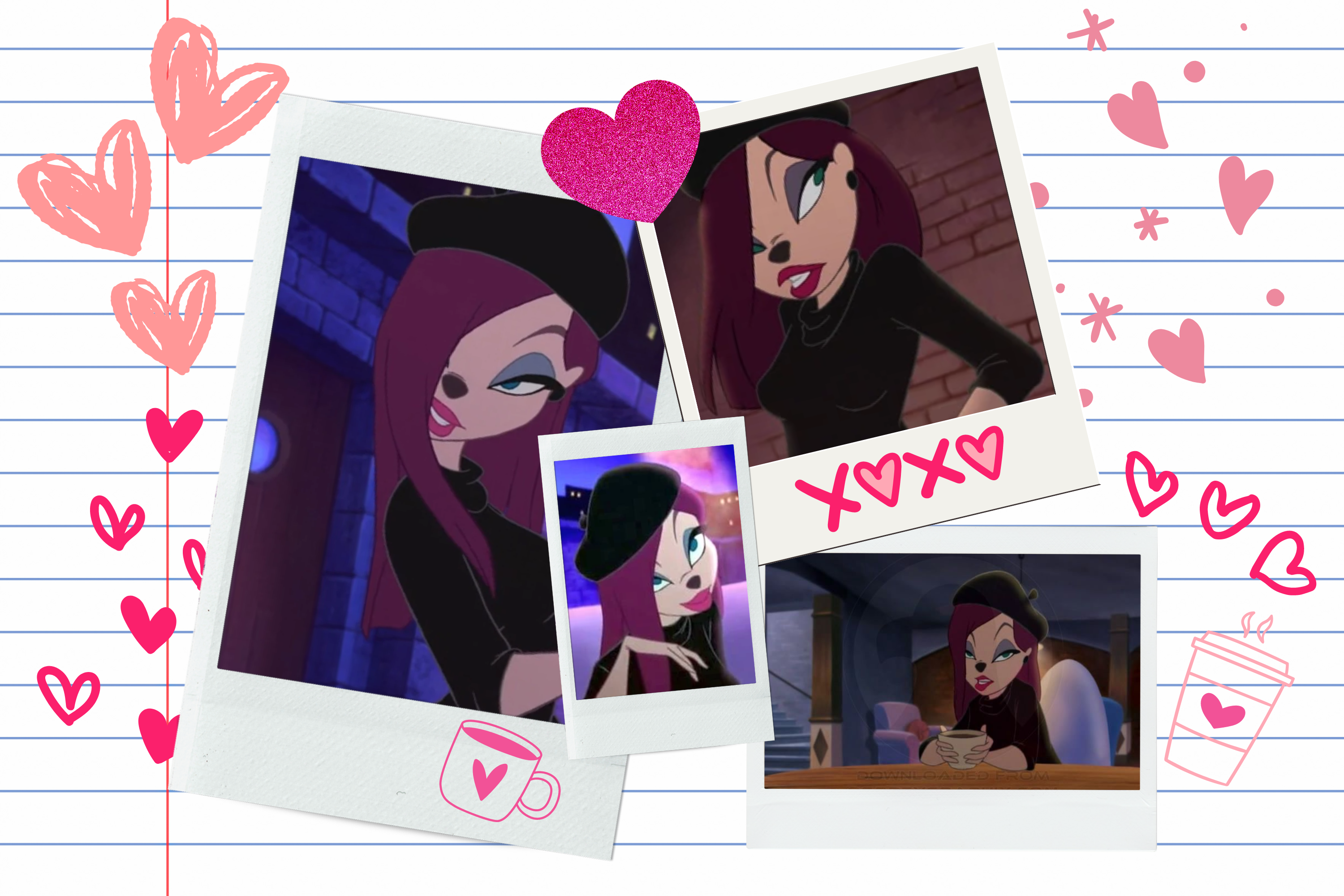 A graphic showcasing pictures of an anthropomorphic dog woman with a black beret, long hair, and sultry purple eyeshadow surrounded by pink hearts and doodles. There are also a few coffee cups with heart doodles. 