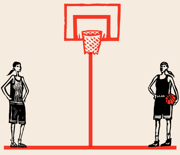 Illustration of two girls in basketball uniforms near a basketball net.