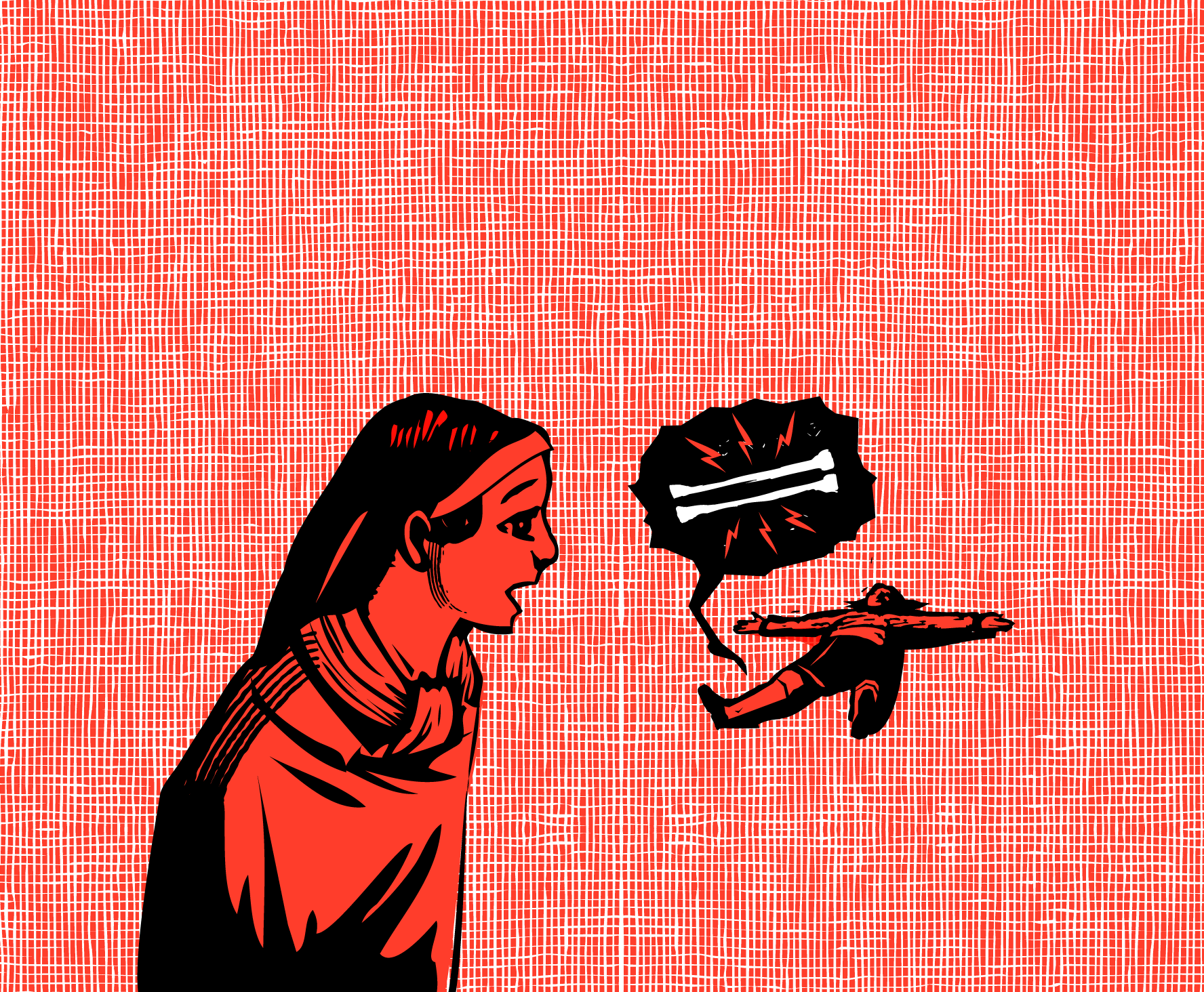 Illustration of a nun near a child on the ground, with a speech bubble with bones inside it.
