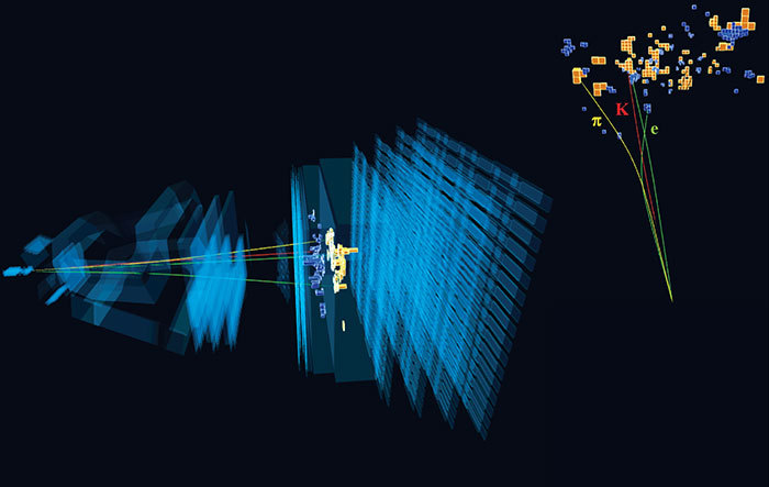 The decay of a B0 meson into a K*0 and an electron–positron pair in the LHCb detector, which is used for a sensitive test of lepton universality in the Standard Model