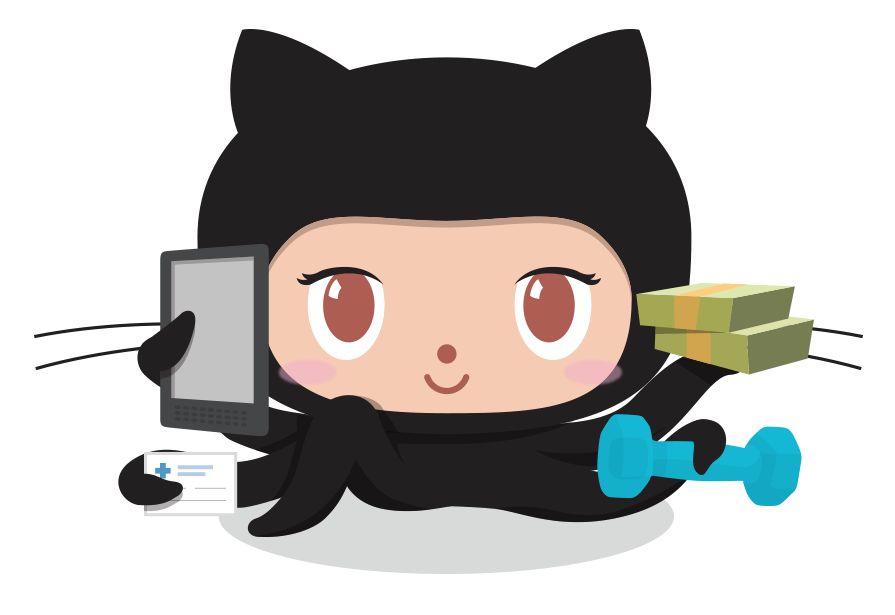 GitHub octocat multi-tasking holding a tablet, money, dumbbells, and a business card.