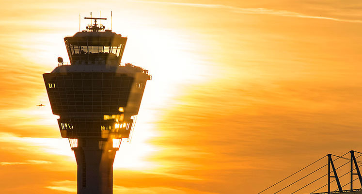 Airport control Tower,  Sunset over Airport in Munich, Germany