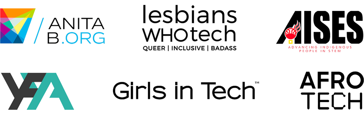 Logo Afro Tech, logo YFYA, logo Lesbians Who Tech, logo Girls in Tech, logo AnitaB.org, logo American Indian Science and Engineering Society