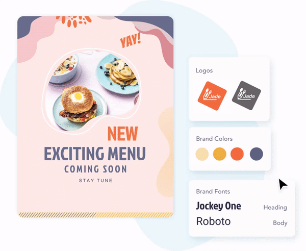 Marketing flyer about a new menu with postermywall brand kit options for logo, color, and font