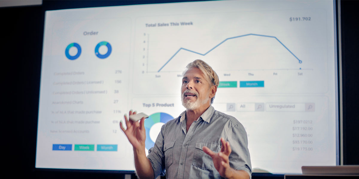 Man in front of large analytics dashboard