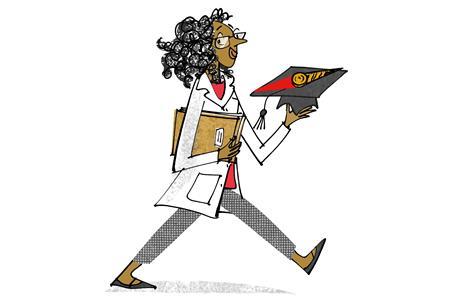 A cartoon of a young female scientist carrying a mortar board that is also a compass