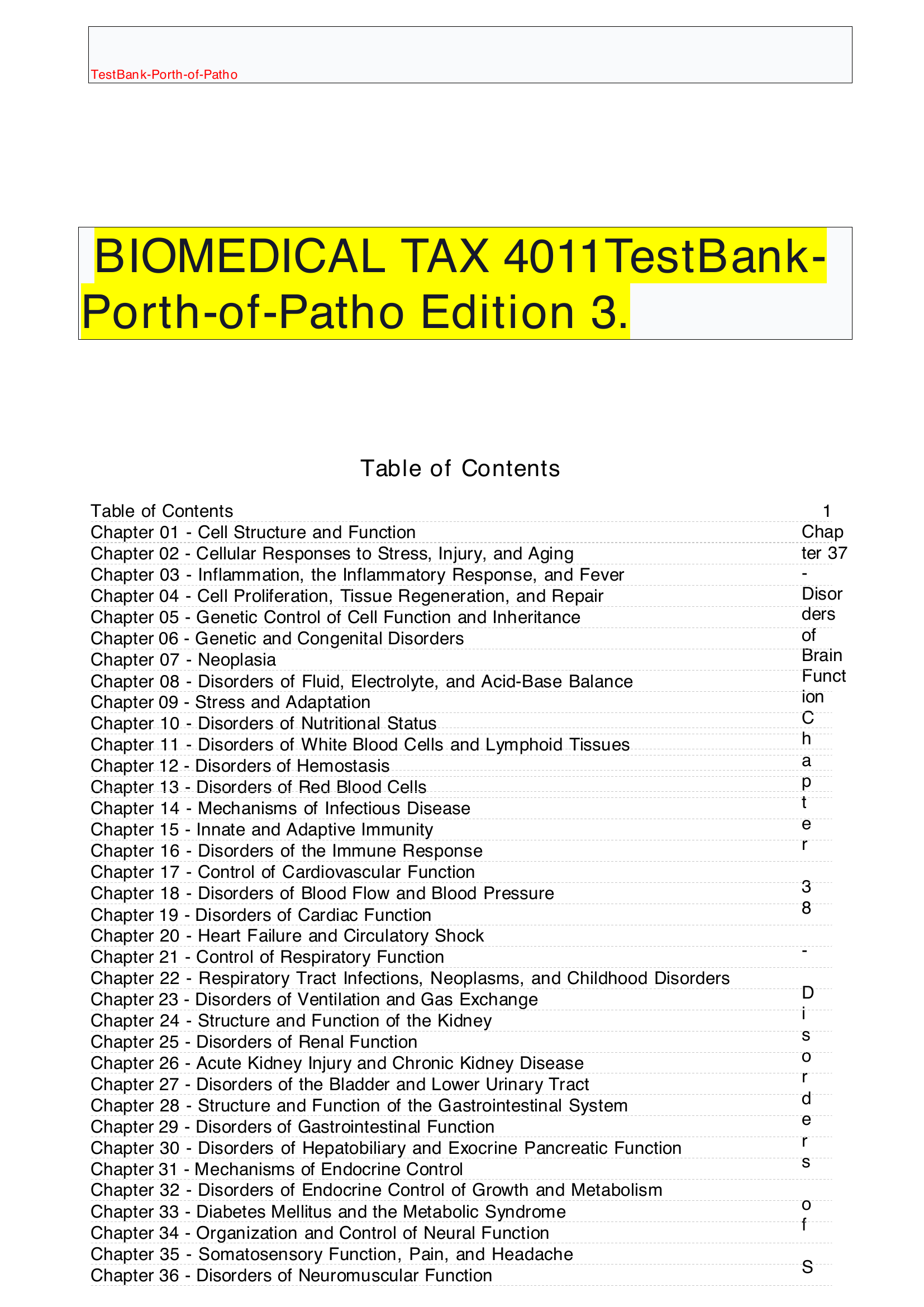 Biomedical Tax 4011 Test Bank Porth Of Patho