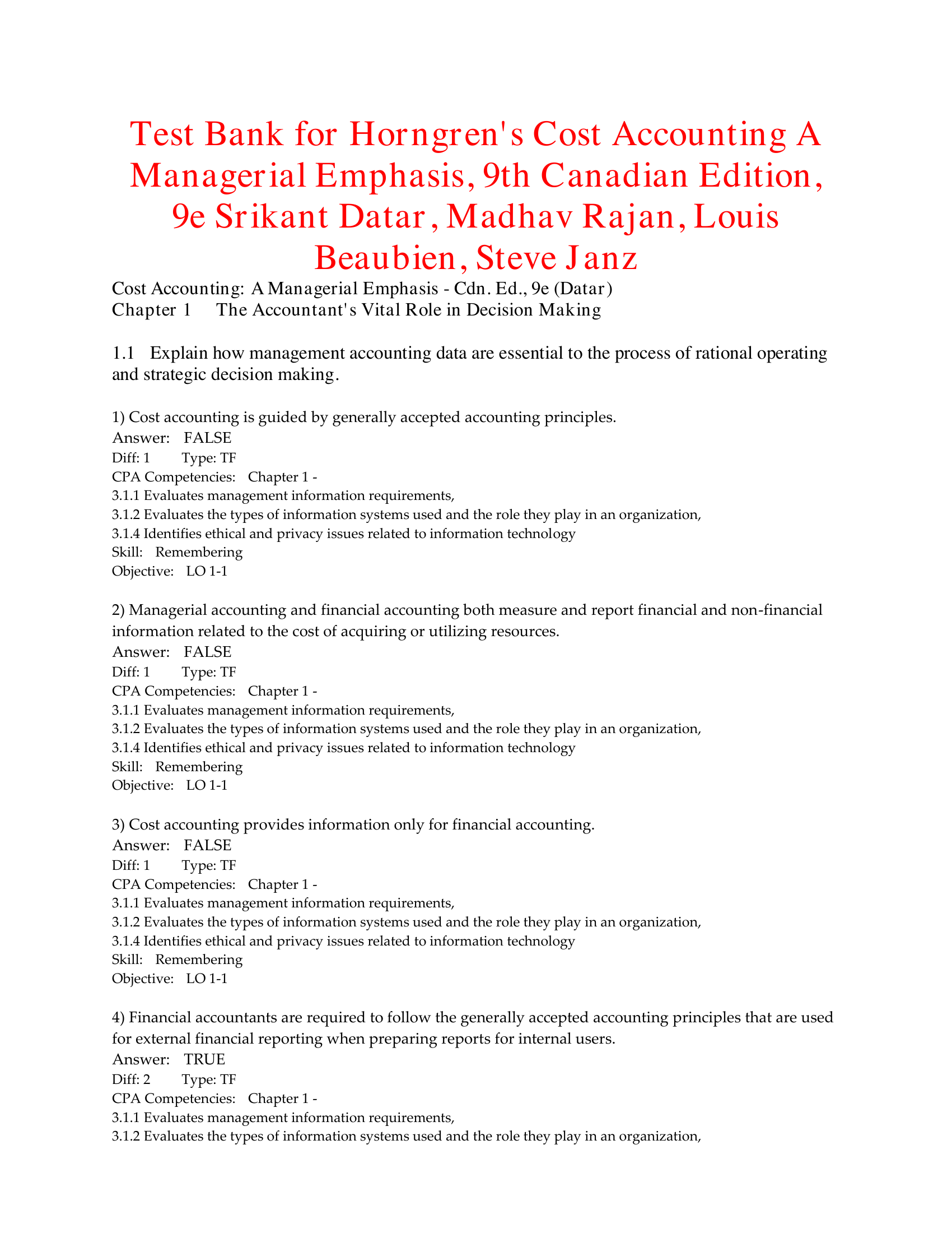 Horngren's Cost Accounting A Managerial Emphasis, Canadian Edition