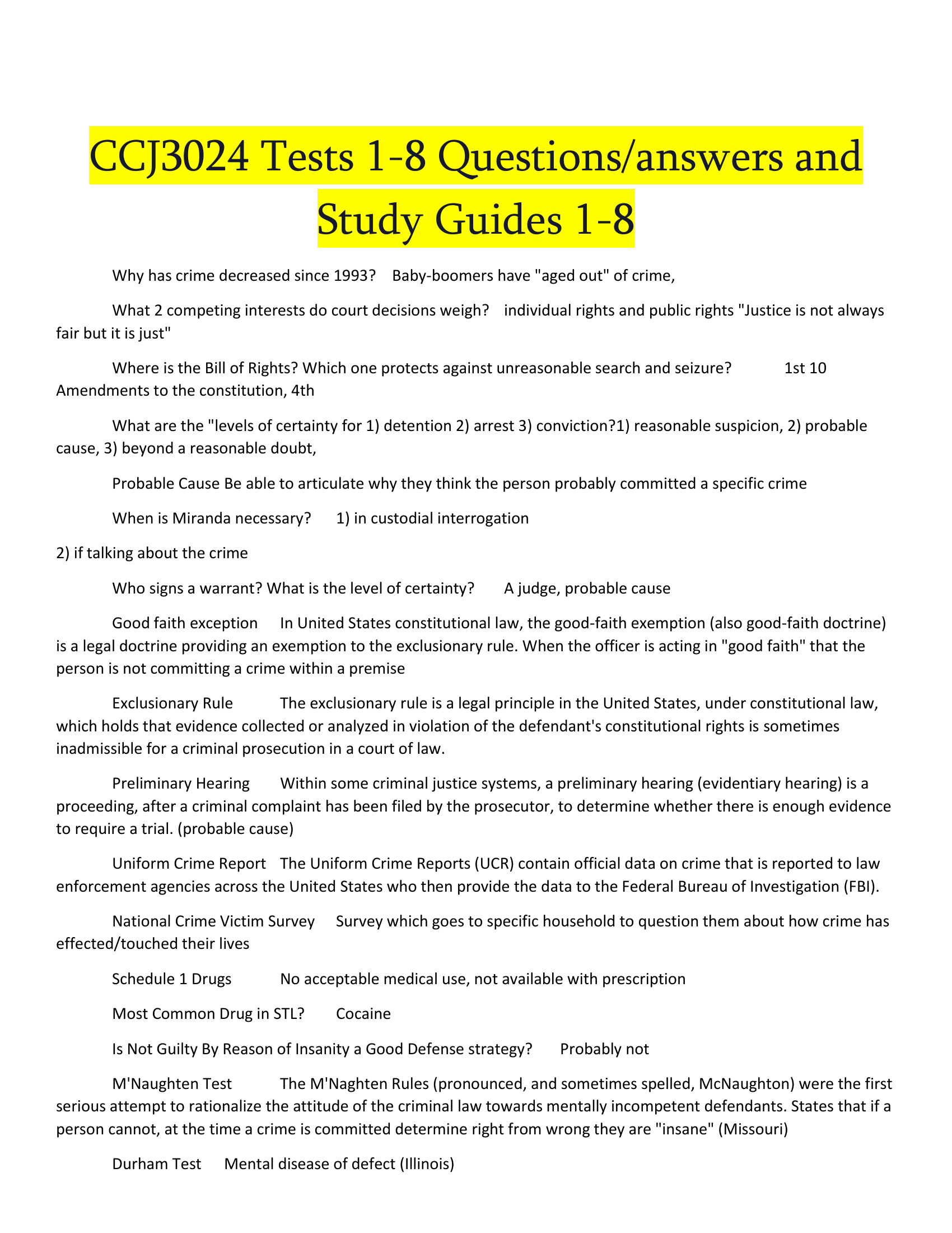CCJ3024 Tests 1-8 Questions/answers and Study Guides 1-8 | Latest complete A+ rated | University of Florida - CCJ 3024 Tests 1-8 Questions/answers and Study Guides 1-8