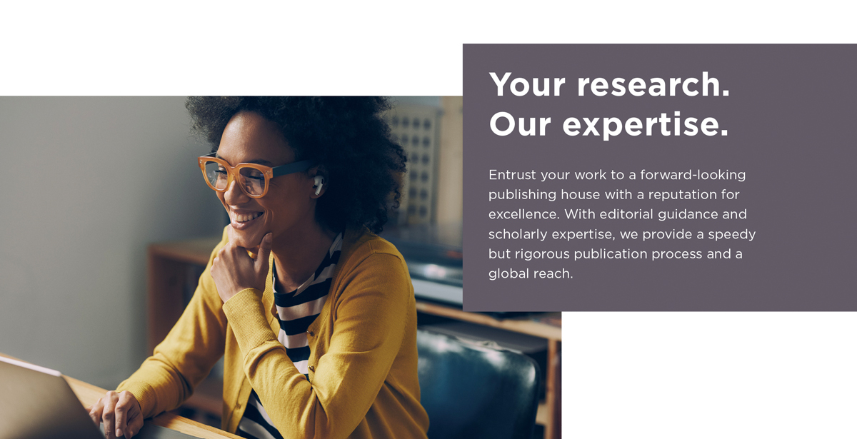 A person is smiling while wearing glasses and working on a laptop. A text block on the right reads "Your research. Our expertise."