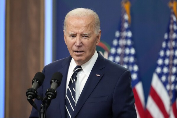 FILE - President Joe Biden speaks on April 12, 2024, in Washington. Top Biden administration officials have stepped up their outreach to CEOs and other corporate leaders to ask about what they need. The effort encroaches on the business community terrain that former President Donald Trump considers to be his home turf. (AP Photo/Alex Brandon, File)