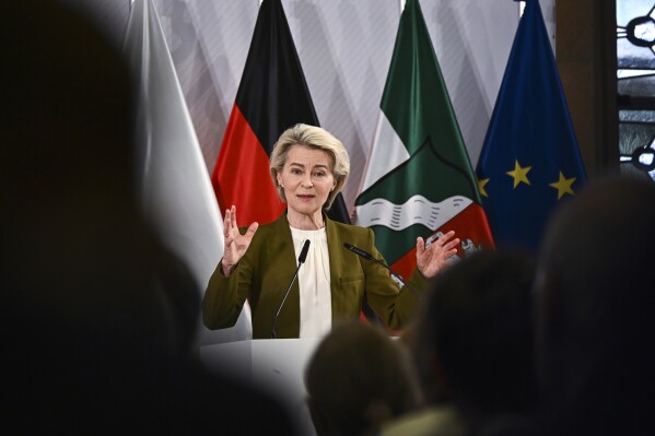 FILE - European Commission President Ursula von der Leyen speaks in the ballroom of Muenster Town Hall, in Muenster, Germany, May 28, 2024. A group that monitors for misinformation found deep problems when it tested the most popular artificial intelligence voice-cloning tools and asked them to create audio of some of the world's leading political figures. (Jana Rodenbusch/Pool Photo via AP)