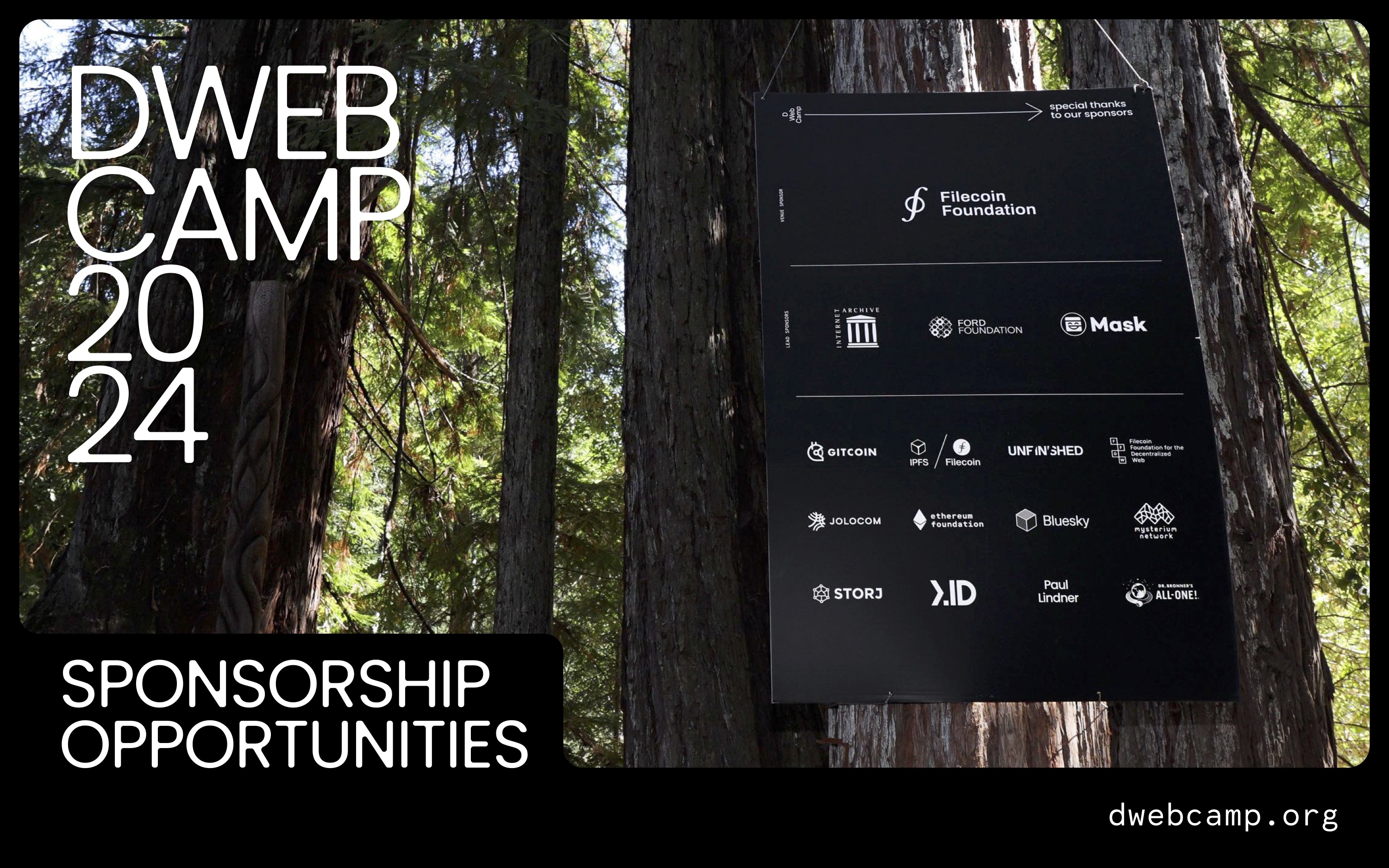 Graphic with DWeb Camp logo and a photo of the sponsors from 2022's DWeb Camp posted on a tree.
