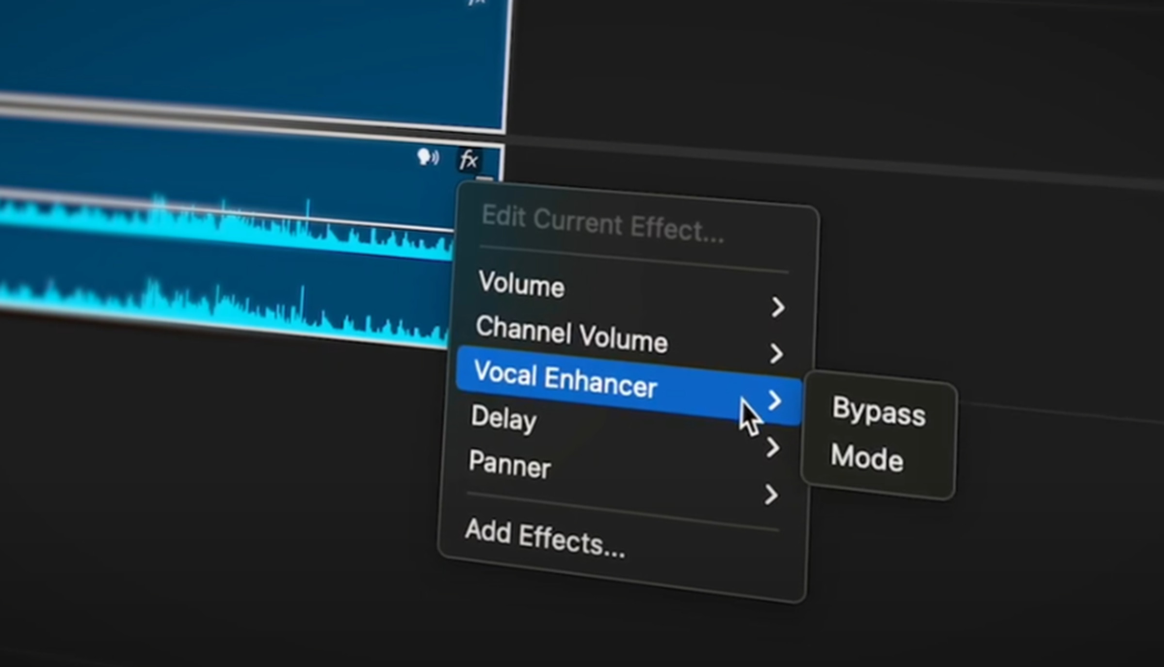 A screenshot taken of the updated clip badges in Premiere Pro that make it easier to apply audio effects from the timeline.