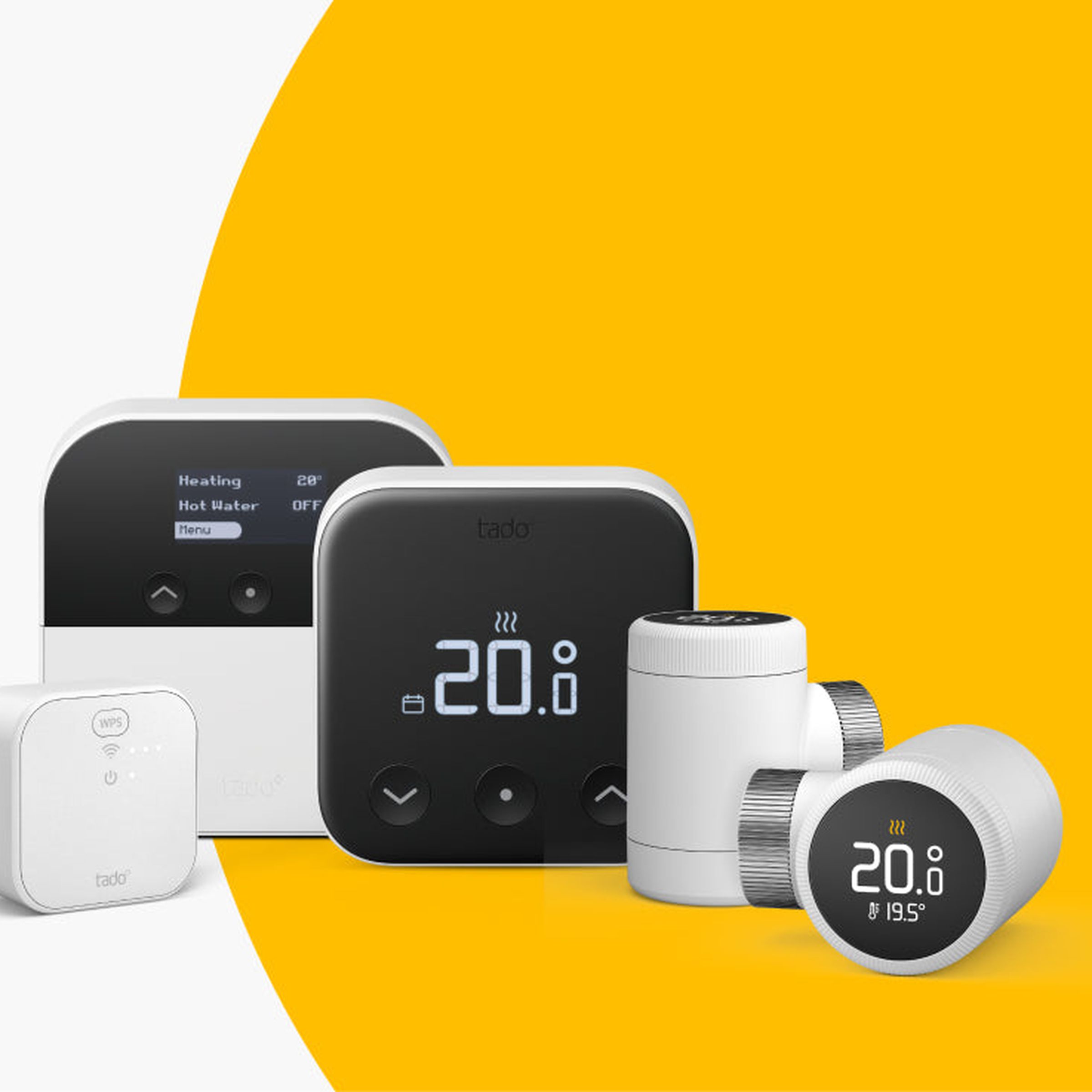 Product family image showing the Wireless Temperature Sensor X, Heat Pump Optimizer X, Thermostat X, and two Smart Radiator Thermostat X