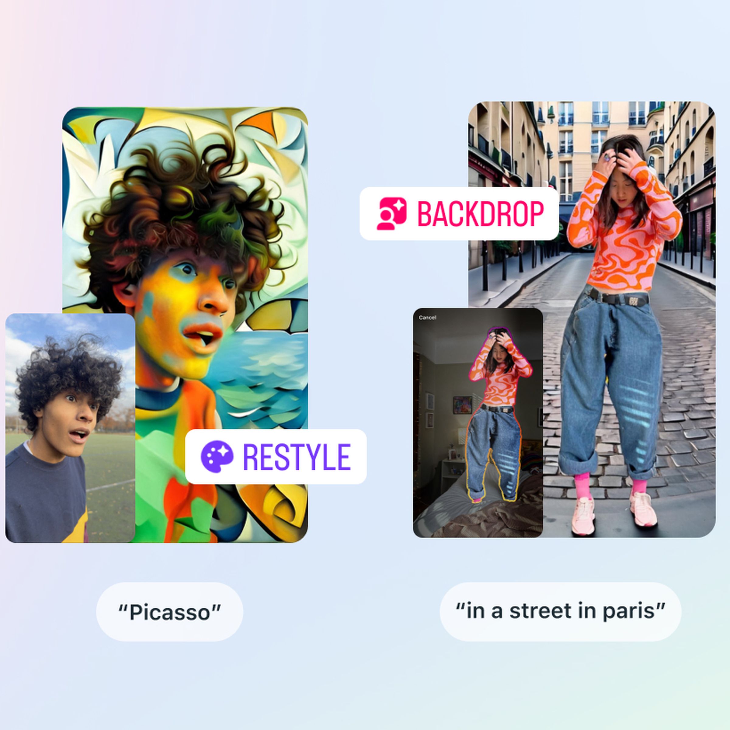 Meta AI tools restyle and backdrop showing original images edited AI-powered versions. One is a selfie in the style of “Picasso” and the other is an image “in a street in Paris.”