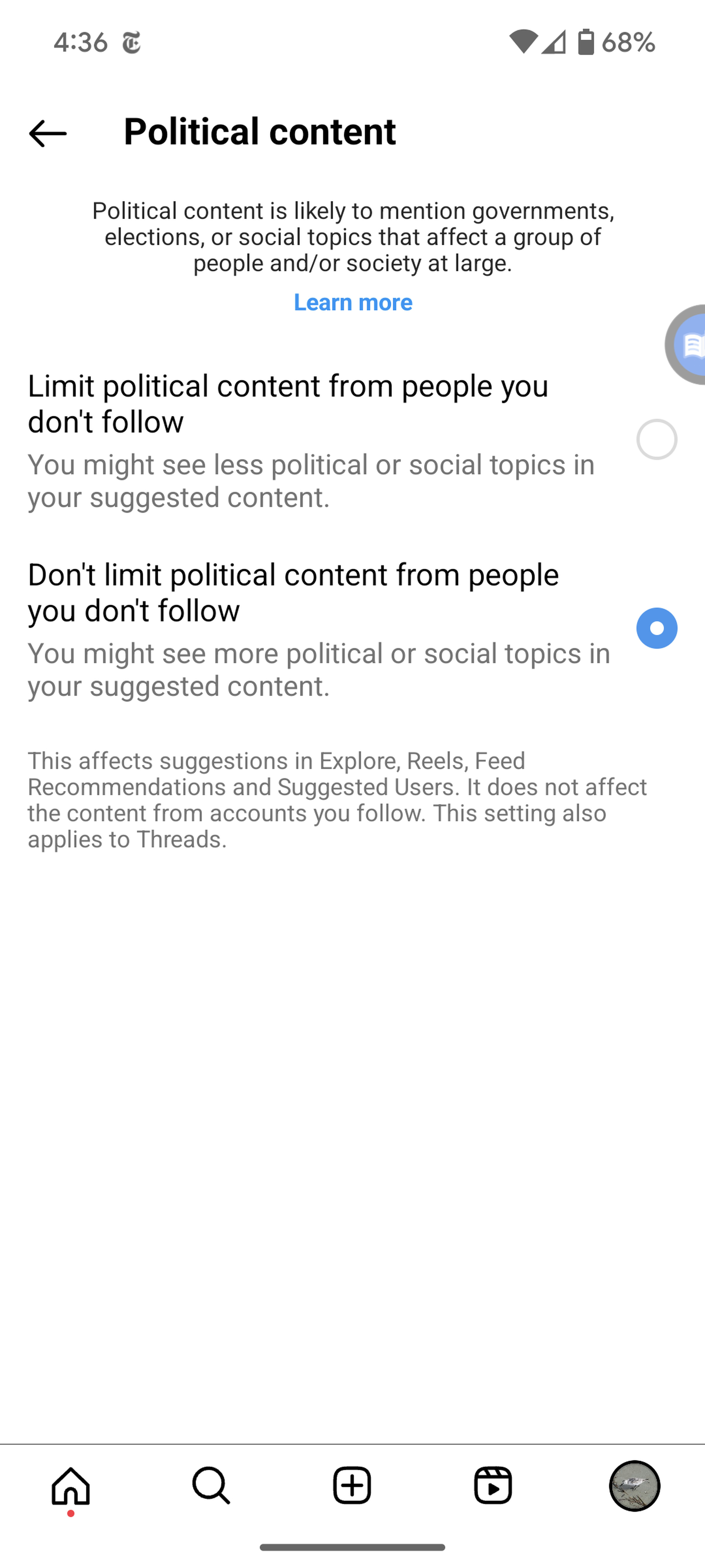 Mobile page headed Political content with choices to limit or don’t limit political content from people you don’t follow.
