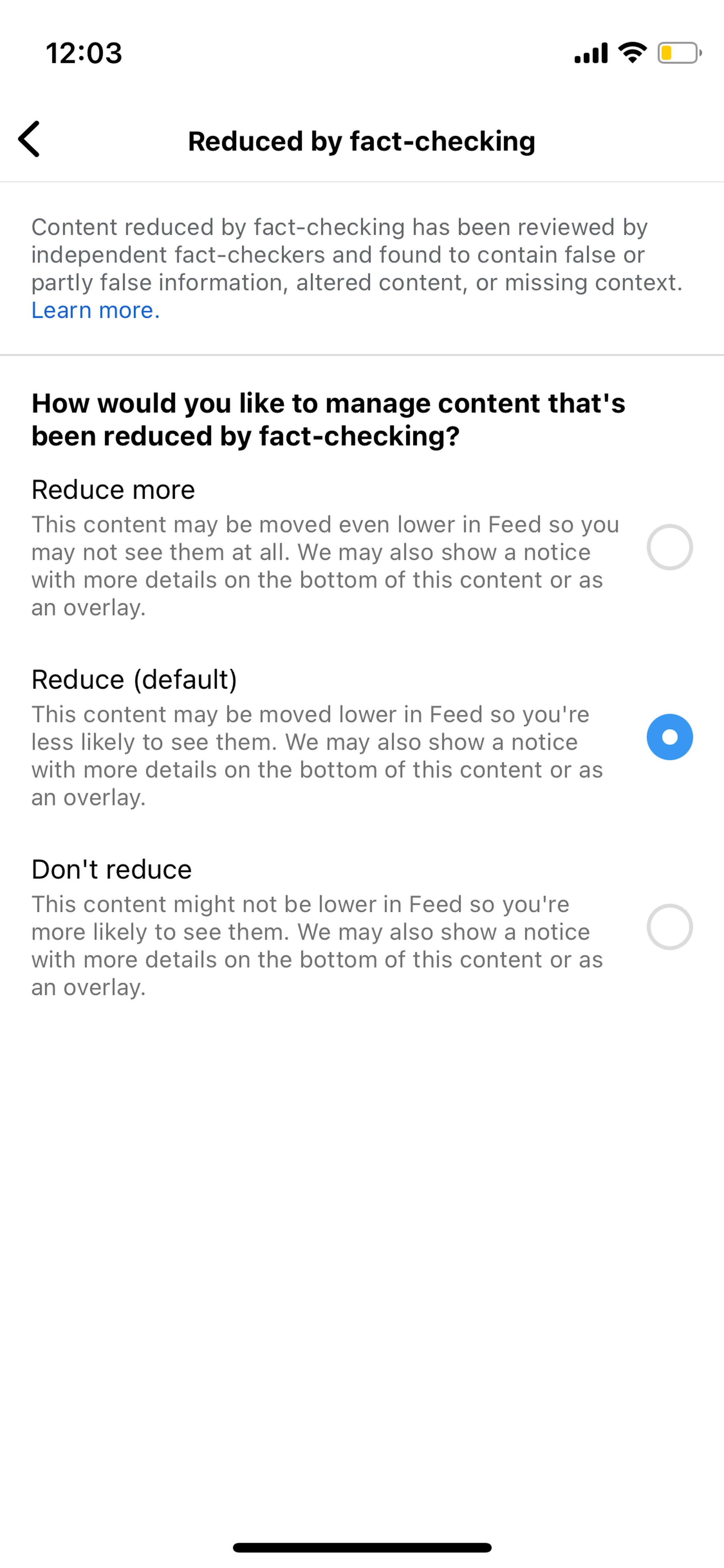 A screenshot showing the three options for fact-checking reduction.