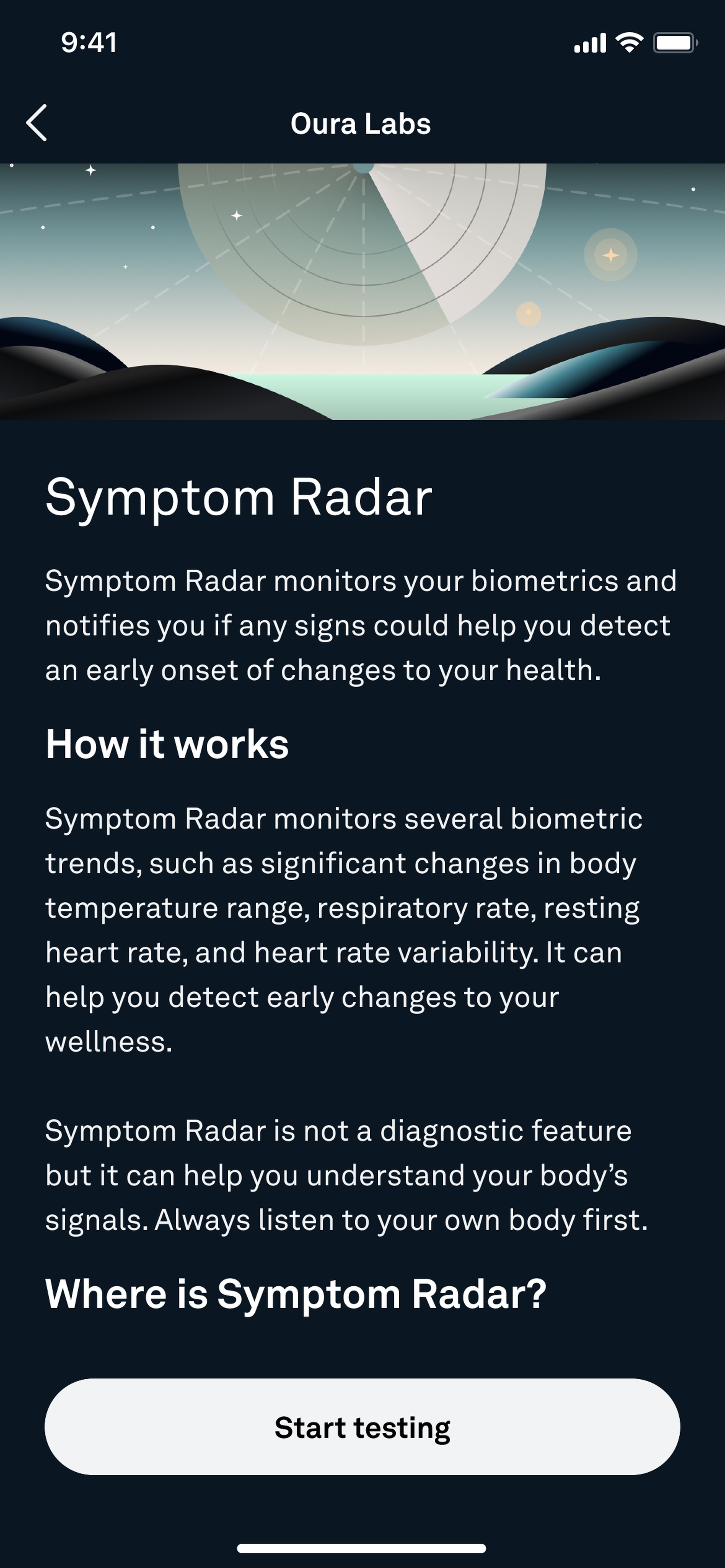 Screenshot of Oura Ring’s Symptom Radar feature