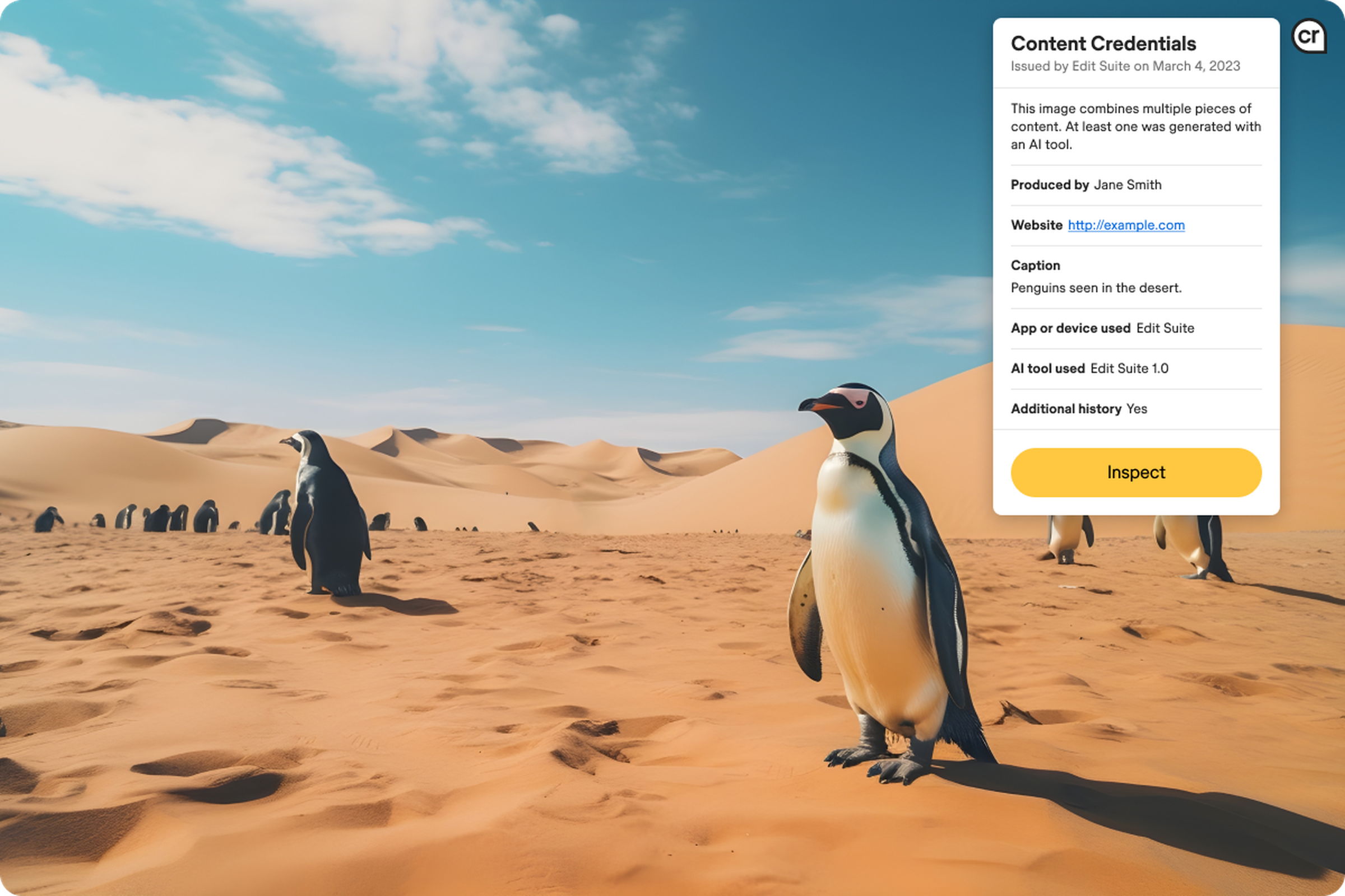 An image of penguins in a desert, with content credentials attributed.