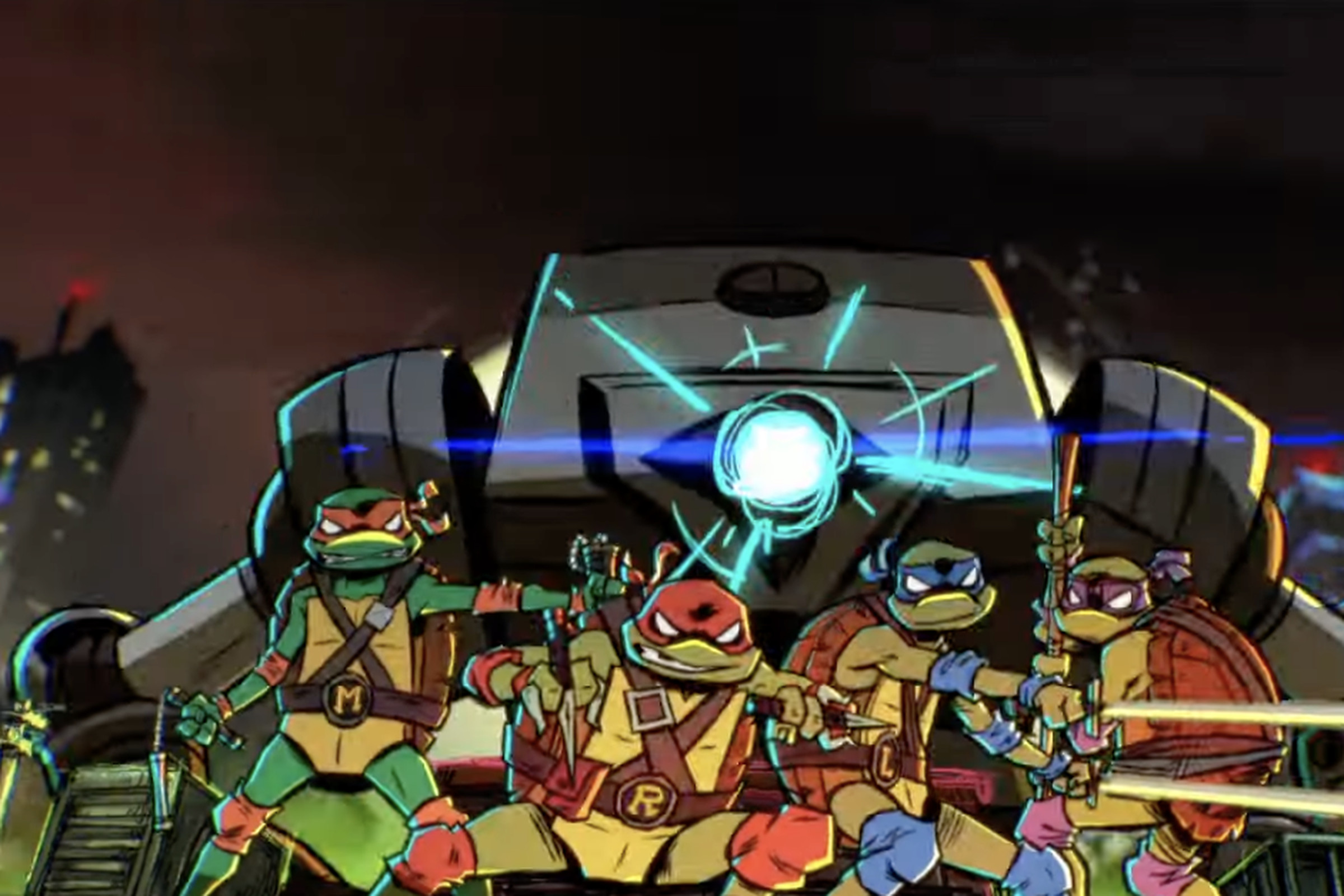 The four turtles stand in fighting poses while a giant robot rises up from behind them.
