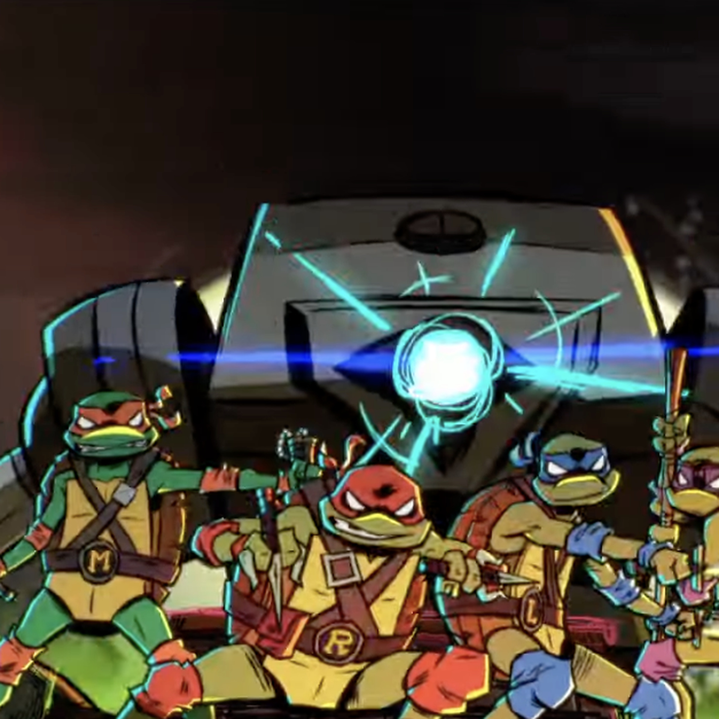 The four turtles stand in fighting poses while a giant robot rises up from behind them.