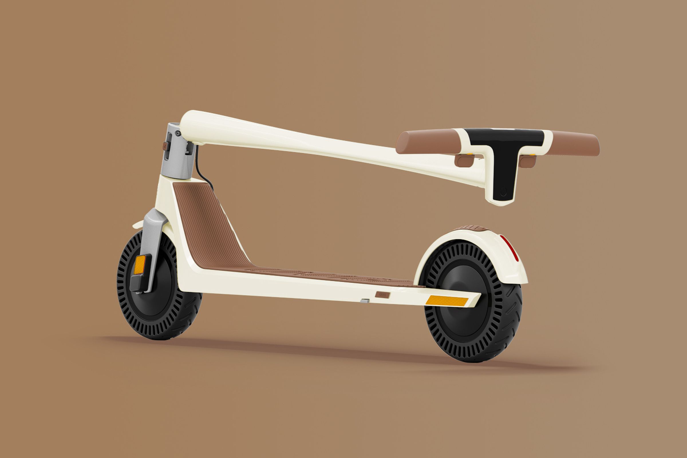 A folded-up, brown and white Unagi scooter.