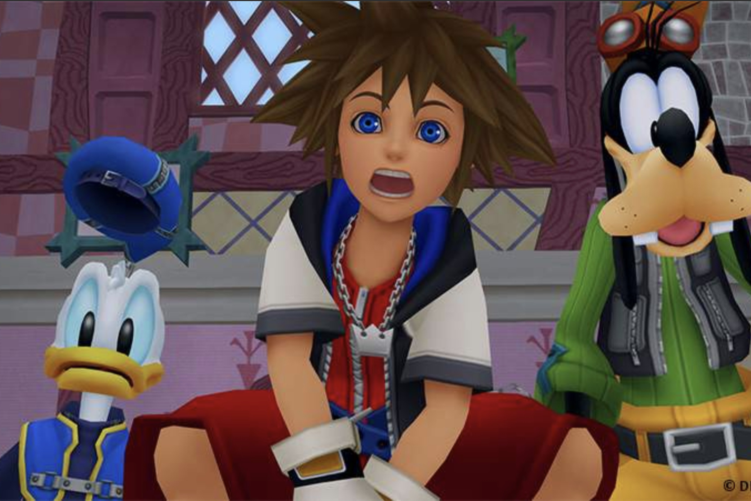 Screenshot from Kingdom Hearts featuring Donald, Sora, and Goofy in Wonderland.