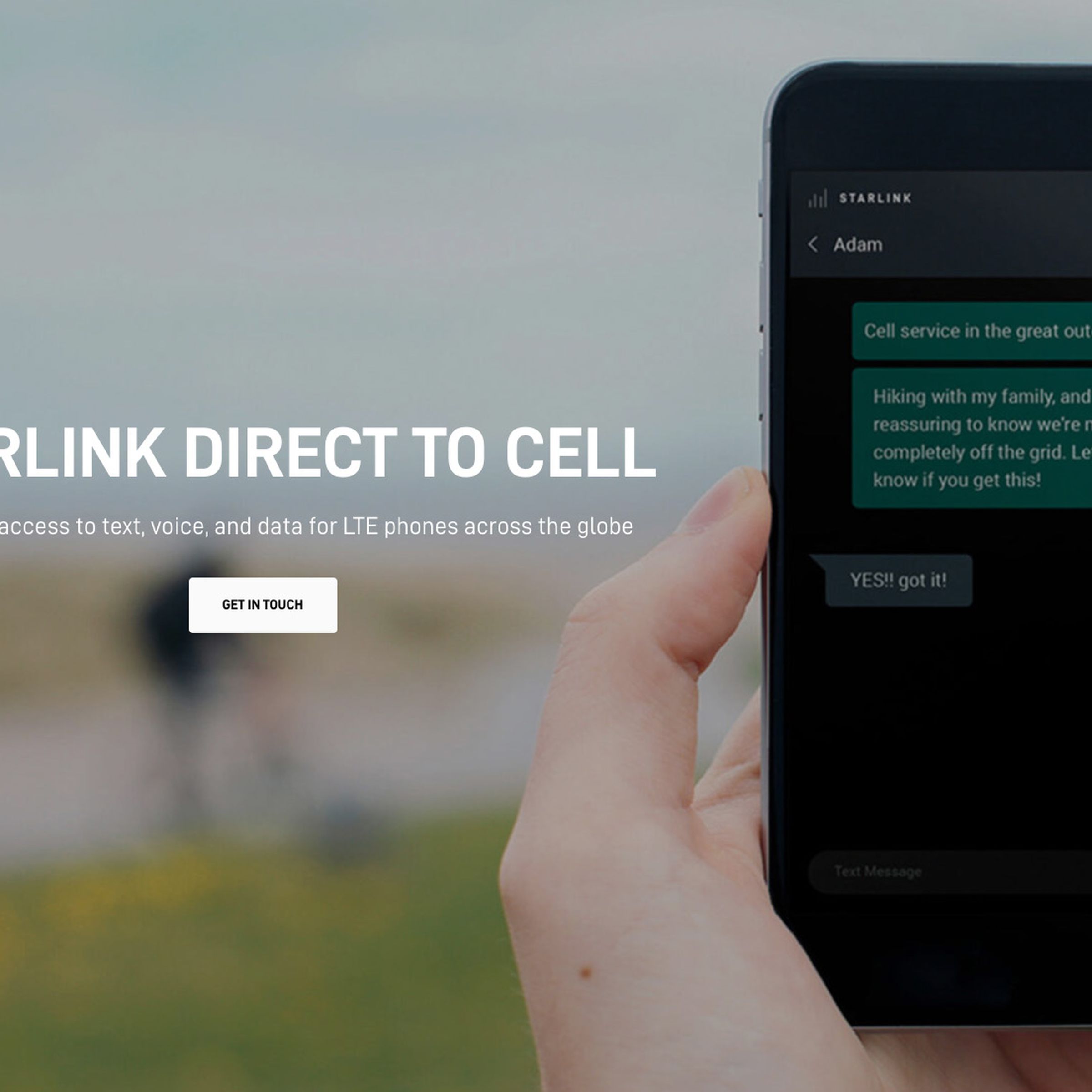 Starlink Direct to Cell homepage, with person holding phone showing text conversation.