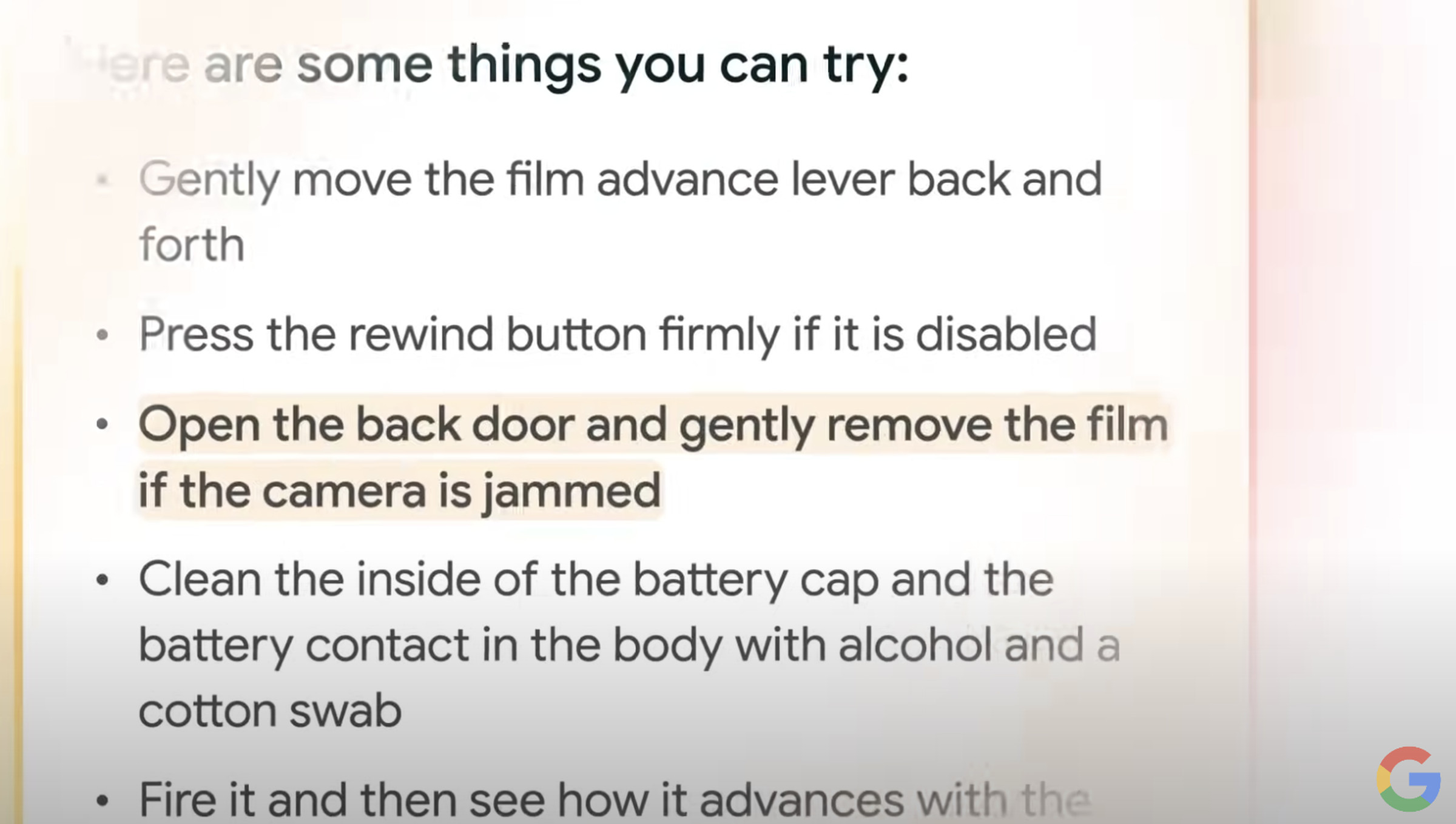 Google highlighting the worst thing you can do with a film camera in a video for Gemini search