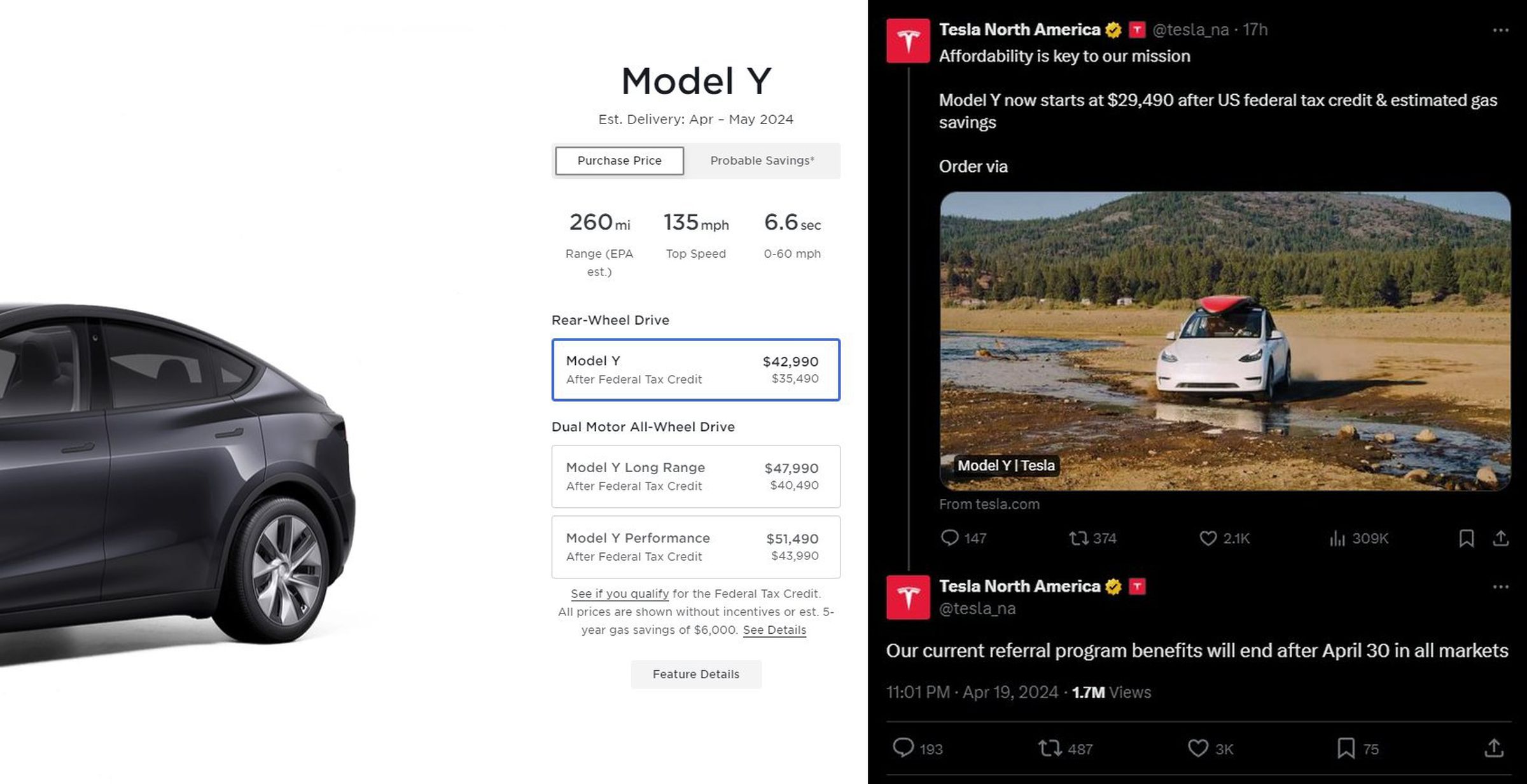Composite picture showing the actual price of a Model Y on Tesla.com ($42,990), and tweets from Tesla announcing a price drop with credits and savings included along with a post saying referral program benefits will end after April 30.