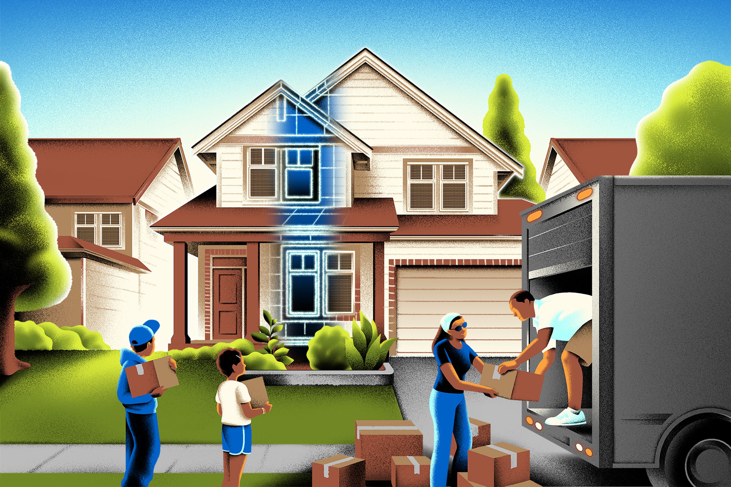 Illustration showing a family moving into a new house equipped with smart tech.