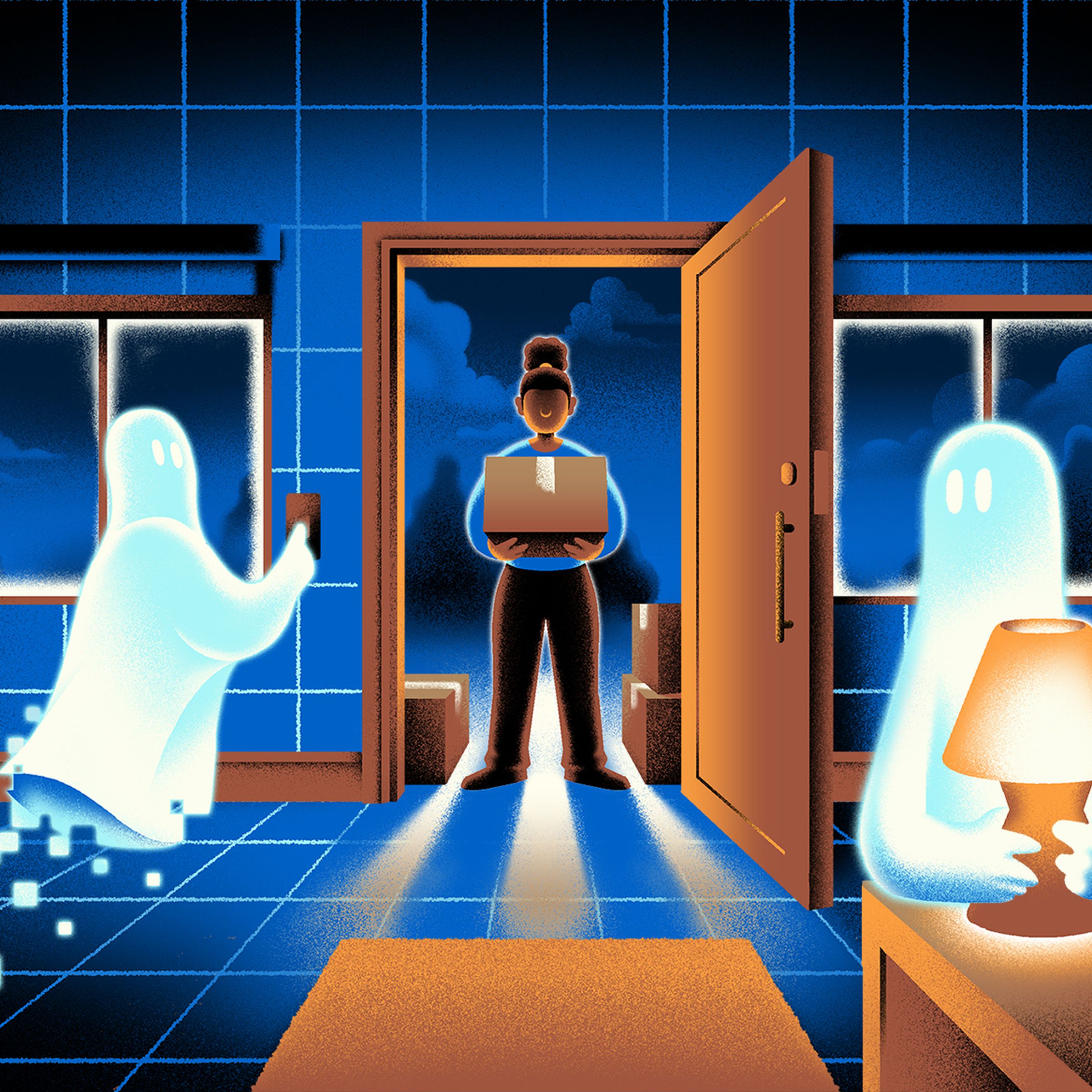 Illustration of a new homeowner haunted by two smart home ghosts who are messing with the blinds and lights.